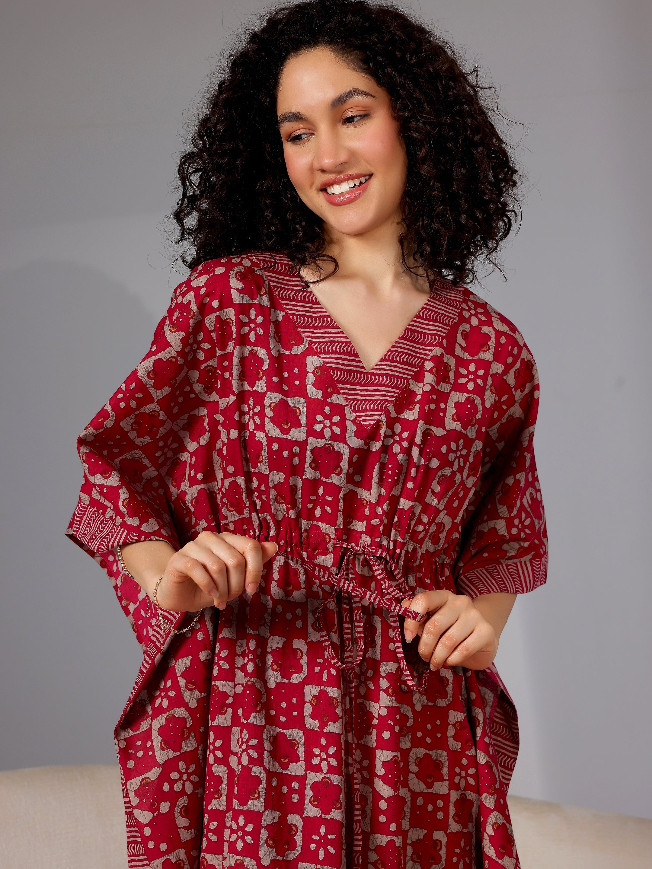 Magenta Printed Cotton Kaftan Night Dress