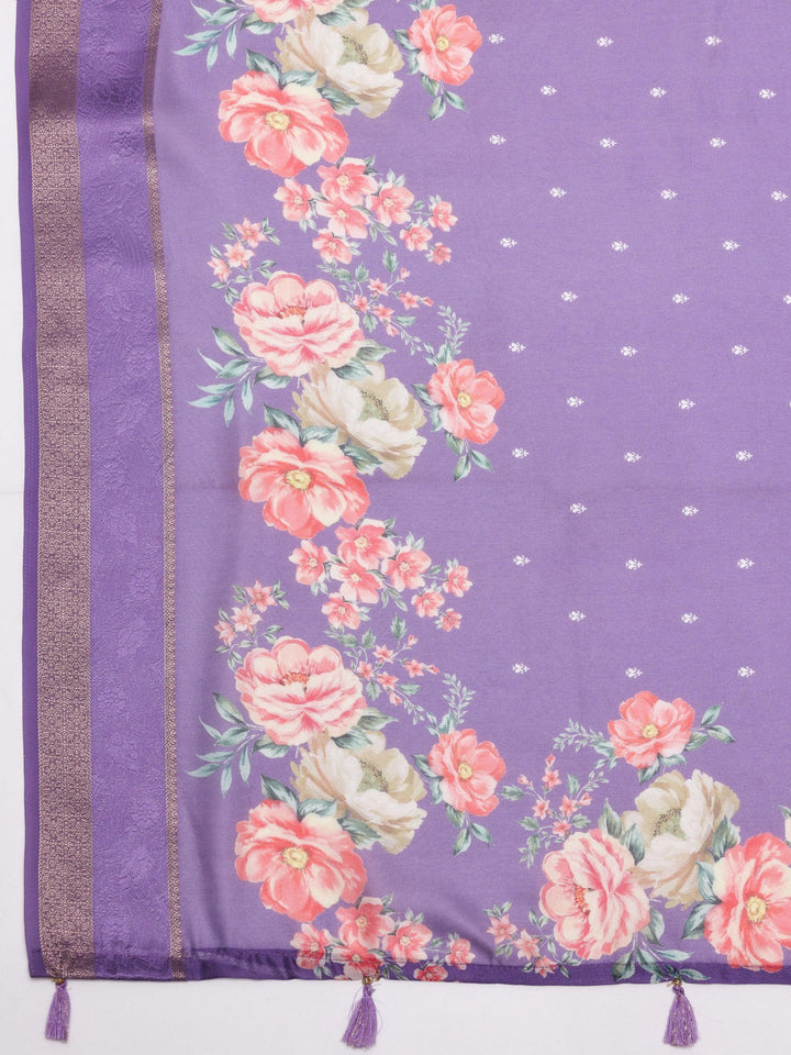 Purple Printed Silk Blend Saree With Unstitched Blouse Piece - Libas