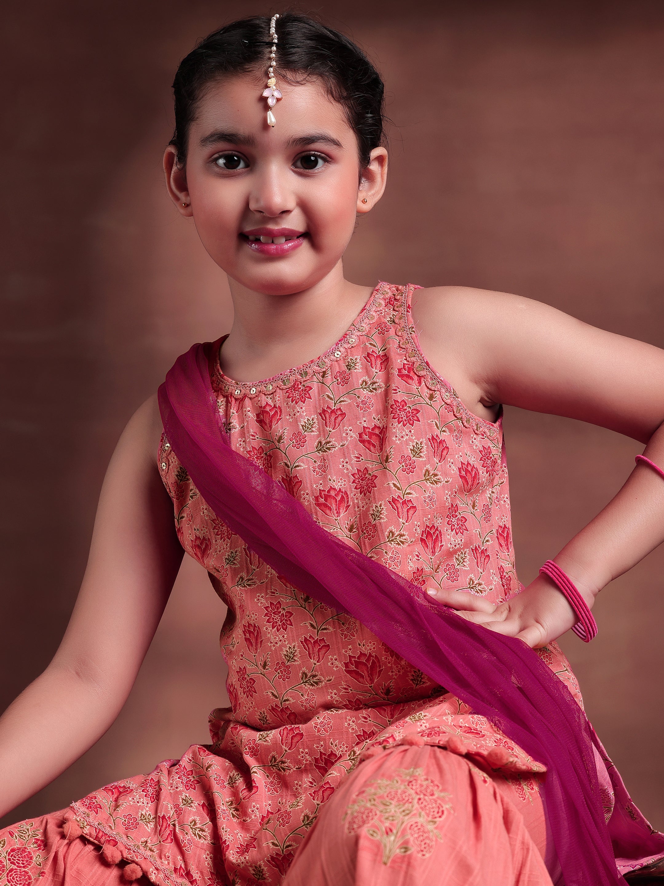 Kids Peach Printed Cotton Straight Suit With Dupatta