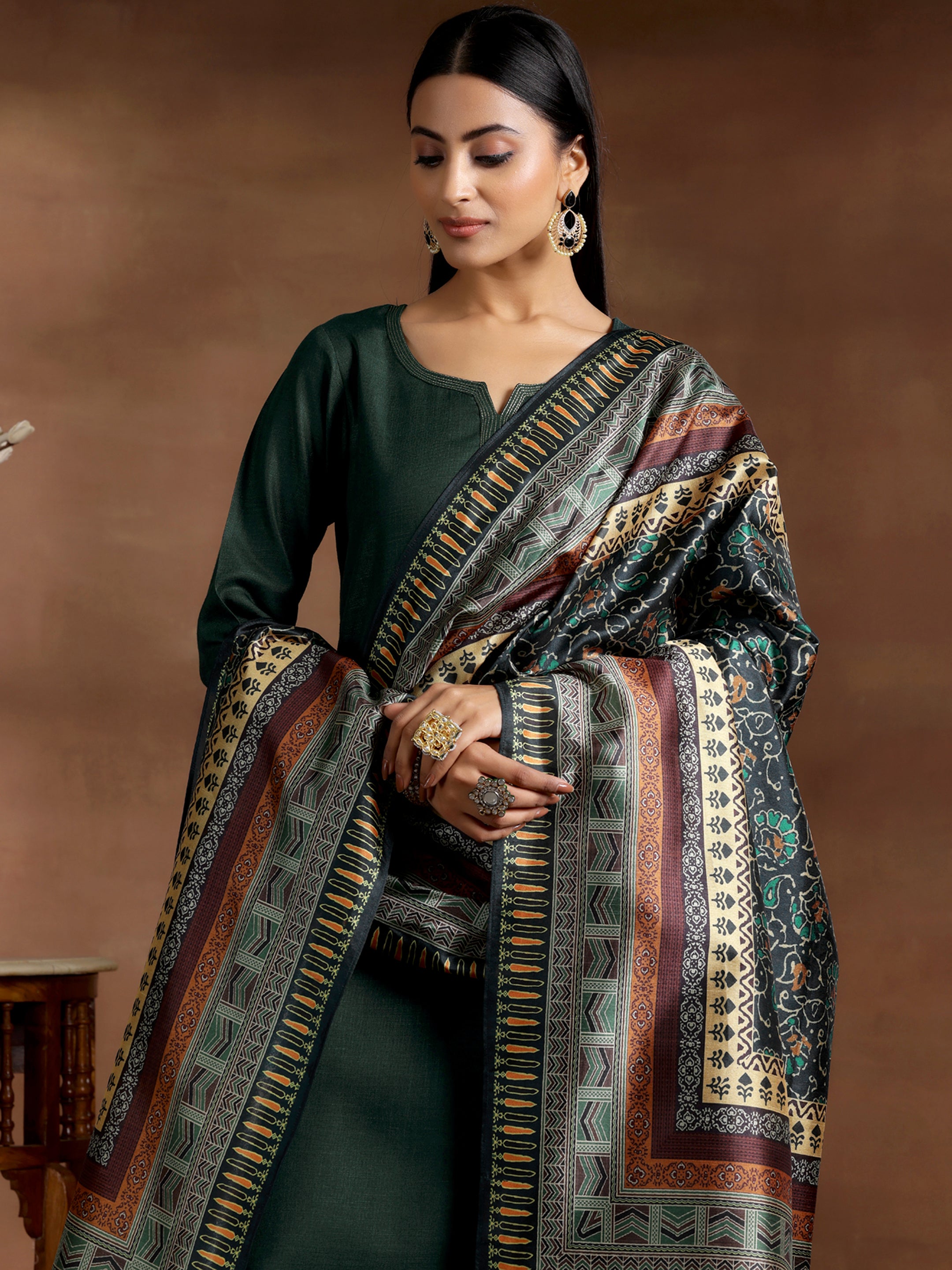 Green Solid Silk Blend Straight Suit With Dupatta