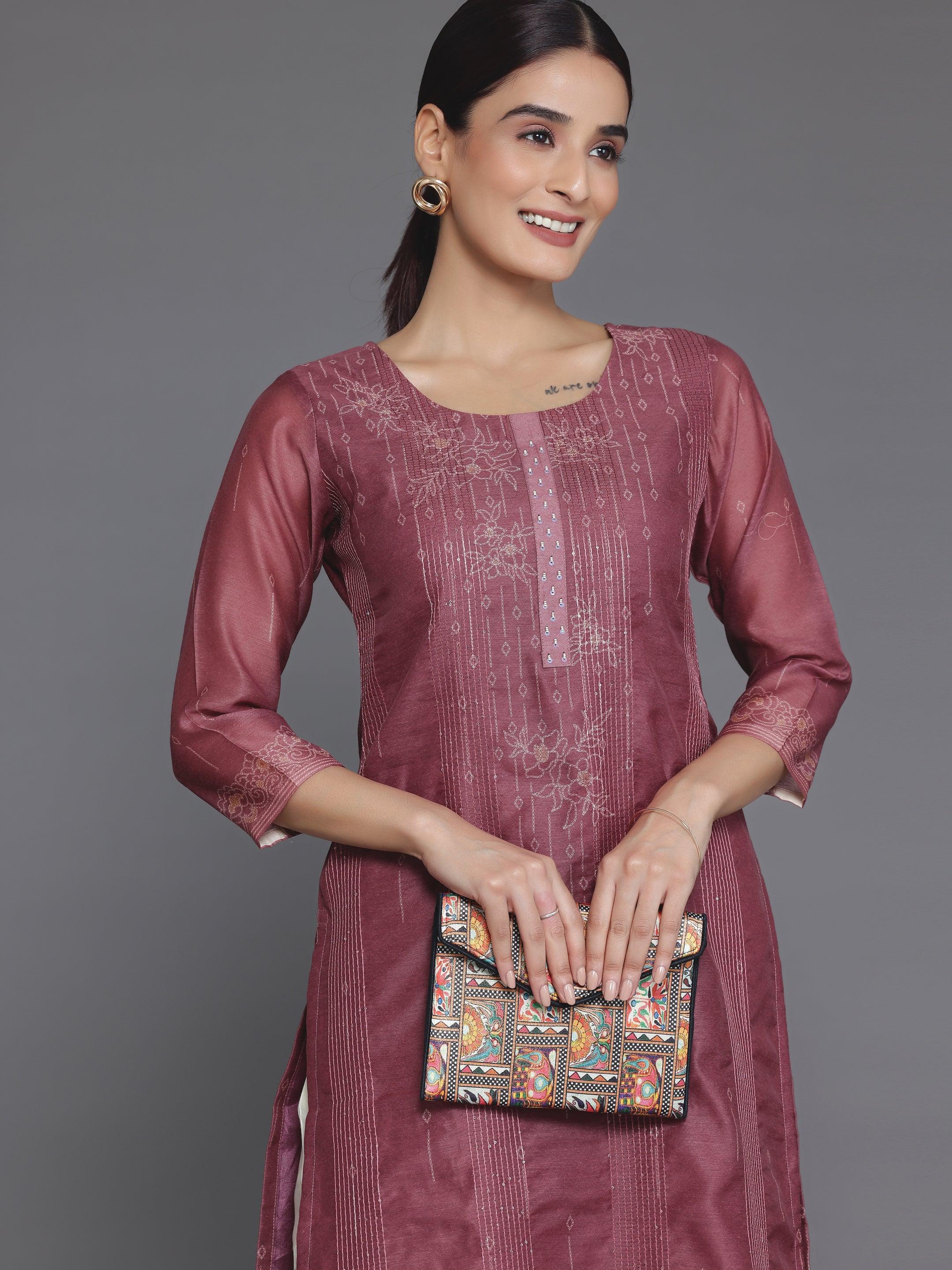 Mauve Embellished Chanderi Silk Straight Kurta