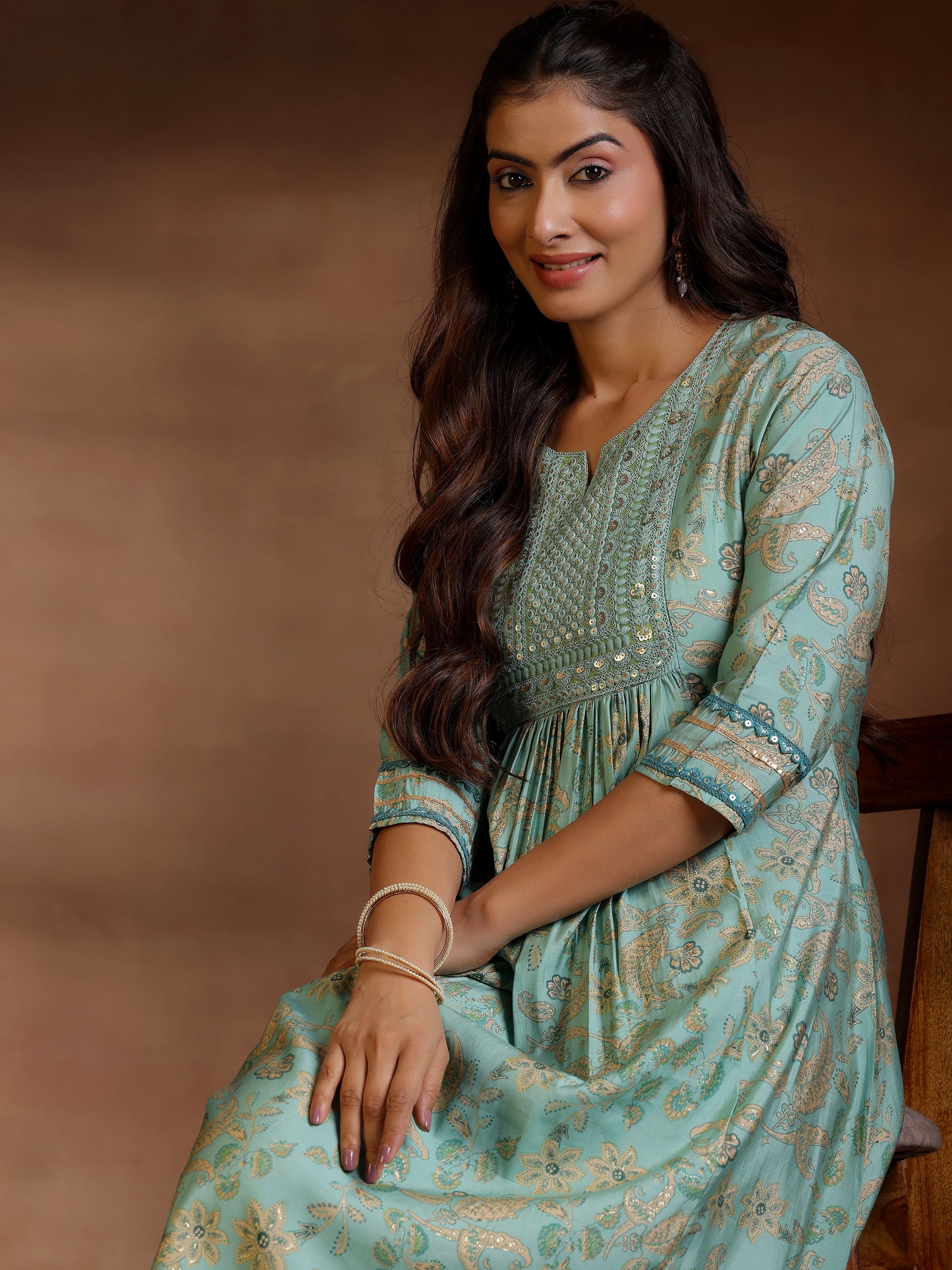 Green Printed Silk Blend A-Line Kurta With Palazzos