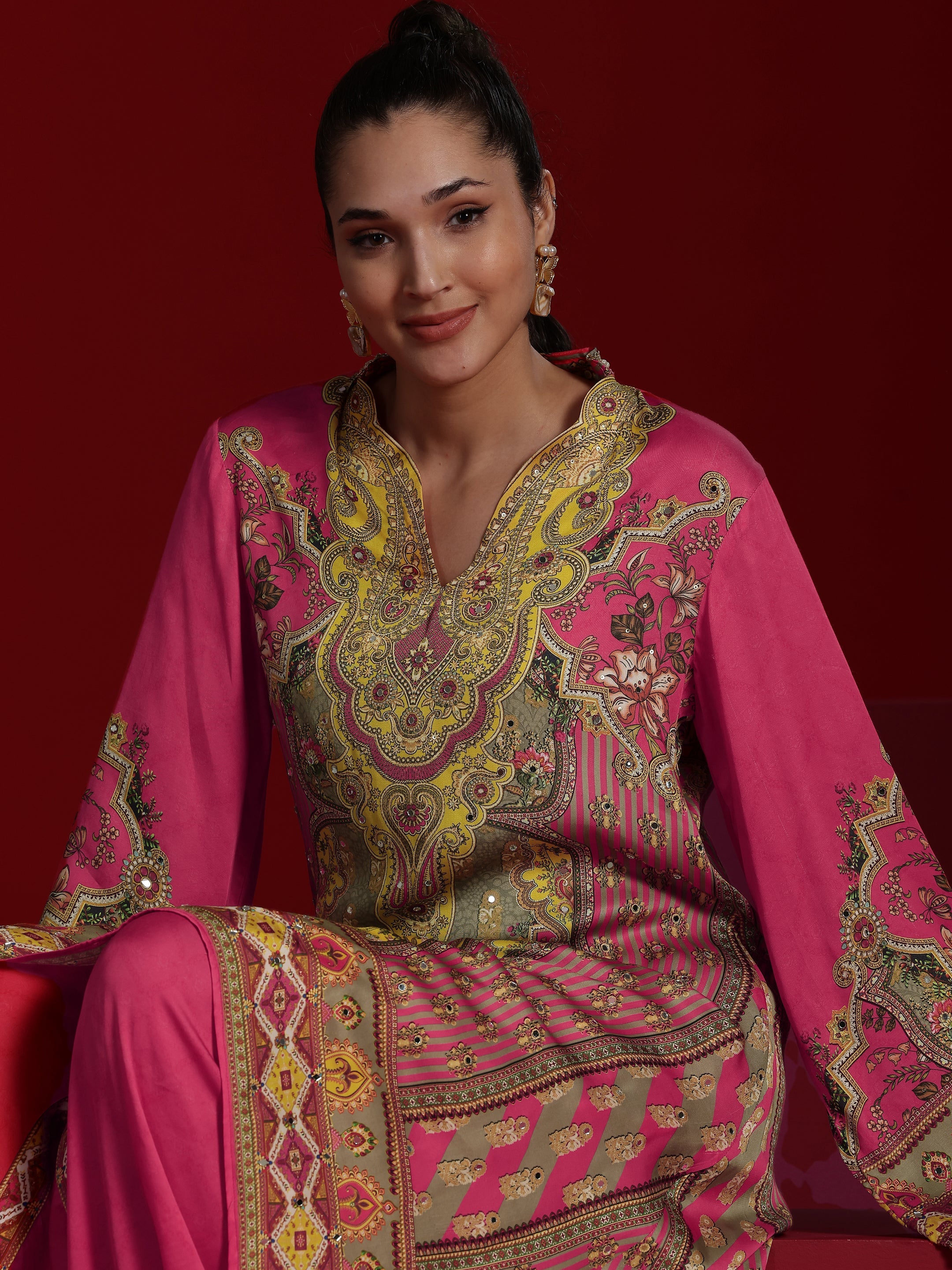 Libas Art Coral Printed Silk Blend Kaftan Kurta With Dhoti Pants