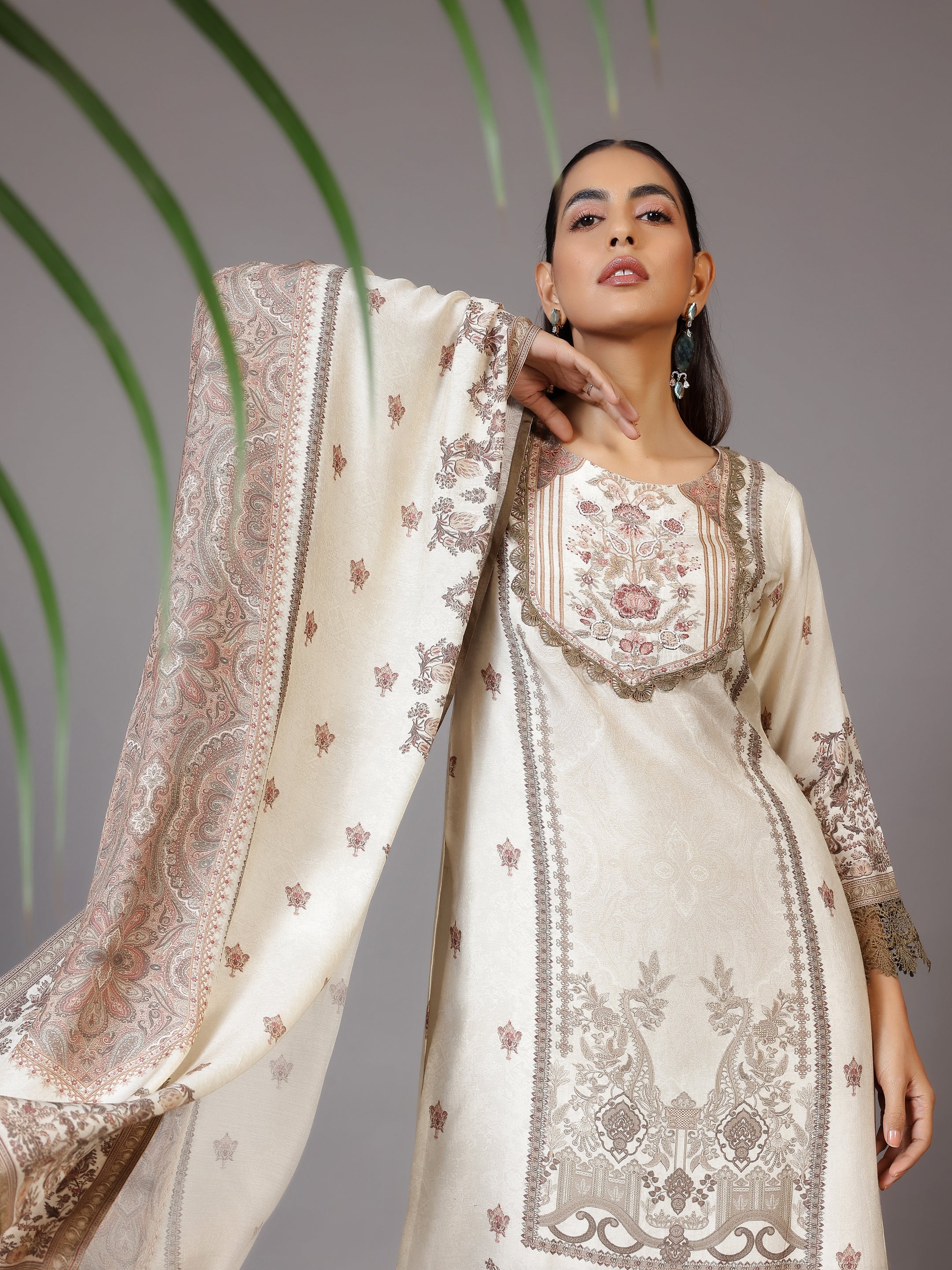 Beige Printed Silk Blend Straight Suit With Dupatta