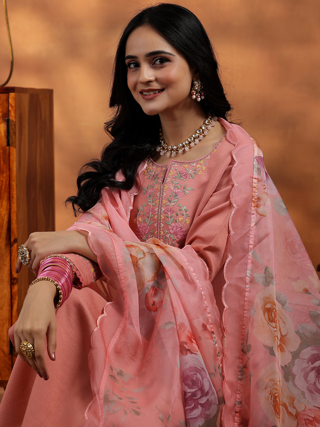 Peach Yoke Design Silk Blend Straight Suit With Dupatta