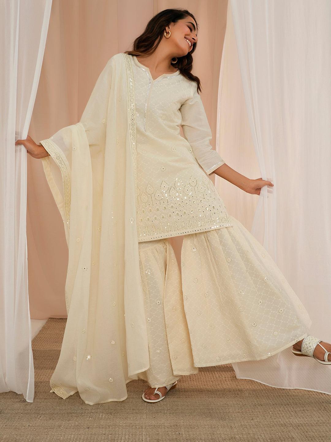 Off White Embroidered Cotton Straight Suit With Dupatta