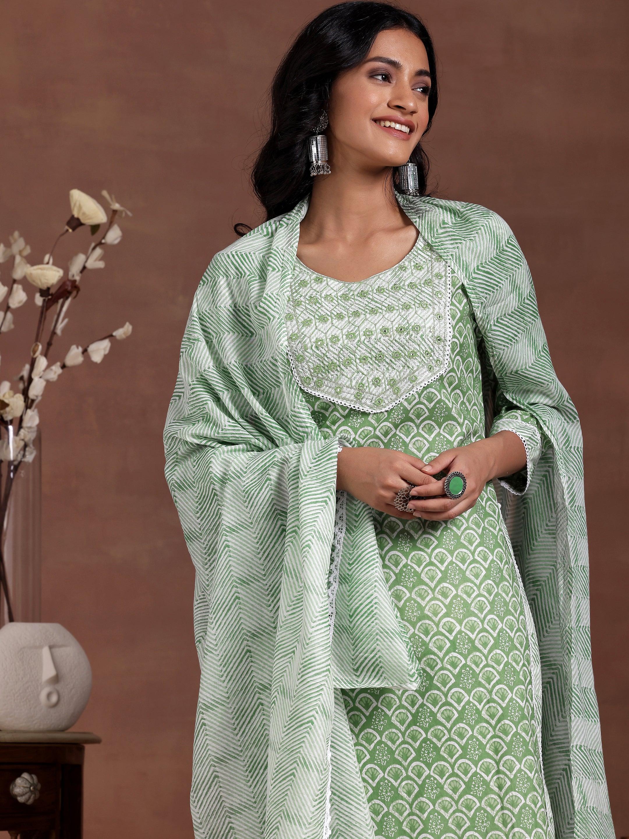 Green Printed Cotton Straight Suit With Dupatta