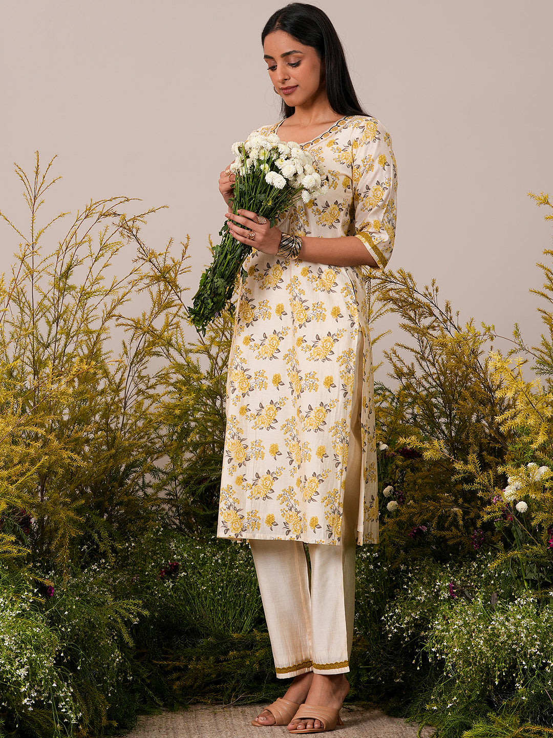 Beige Printed Chanderi Silk Straight Kurta Set