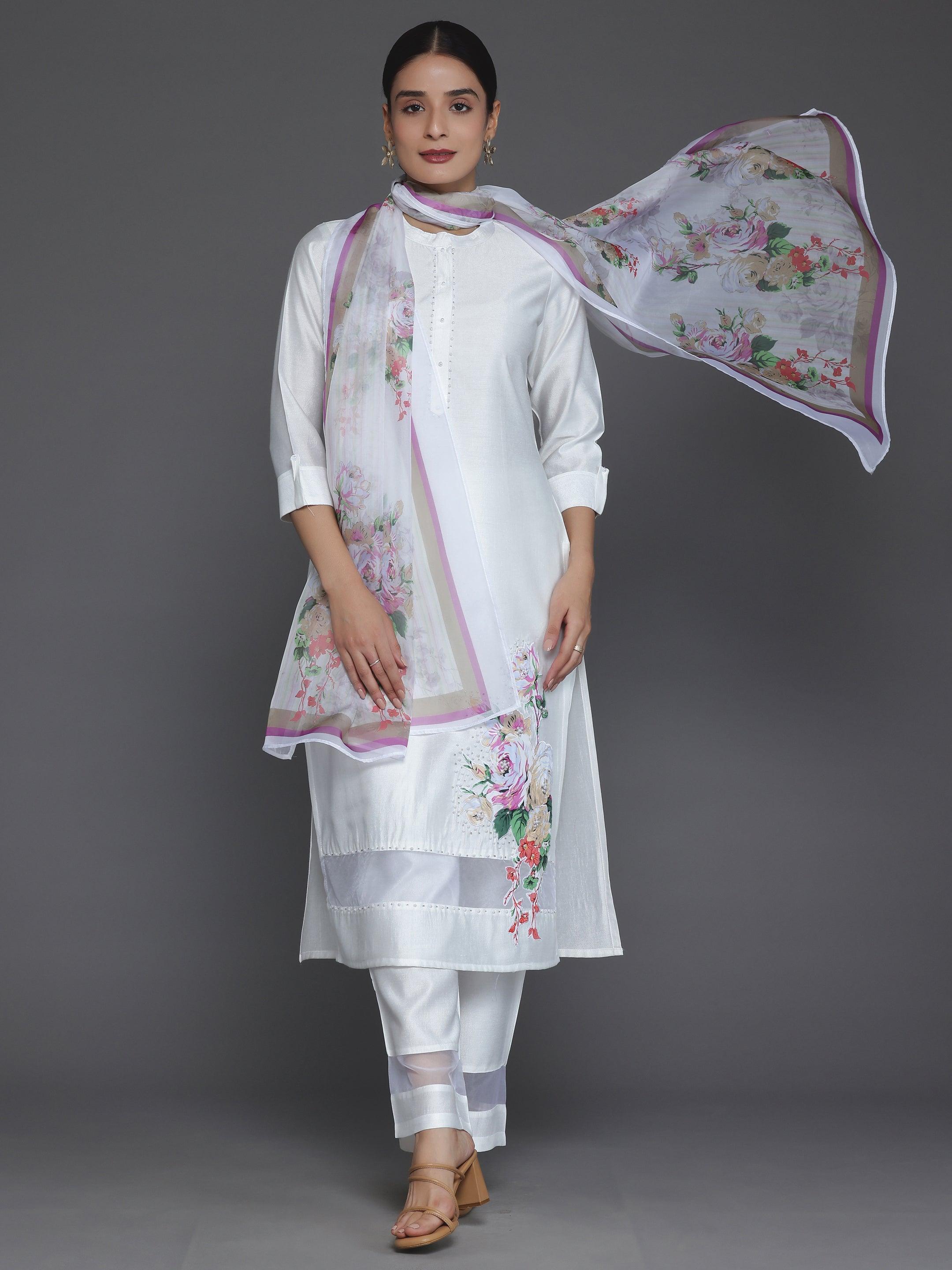 Off White Self Design Silk Blend Straight Suit With Dupatta