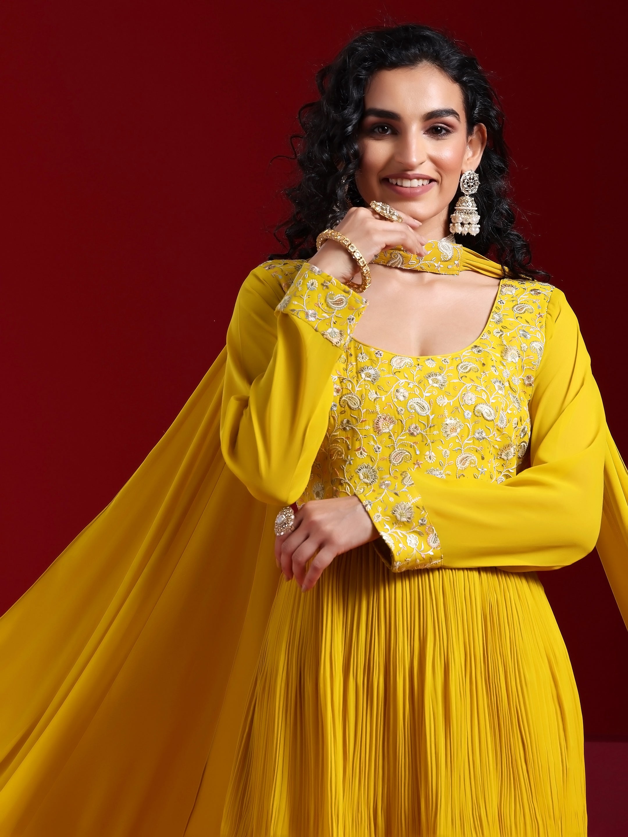 Libas Art Mustard Embroidered Georgette A-Line Kurta With Sharara & Dupatta