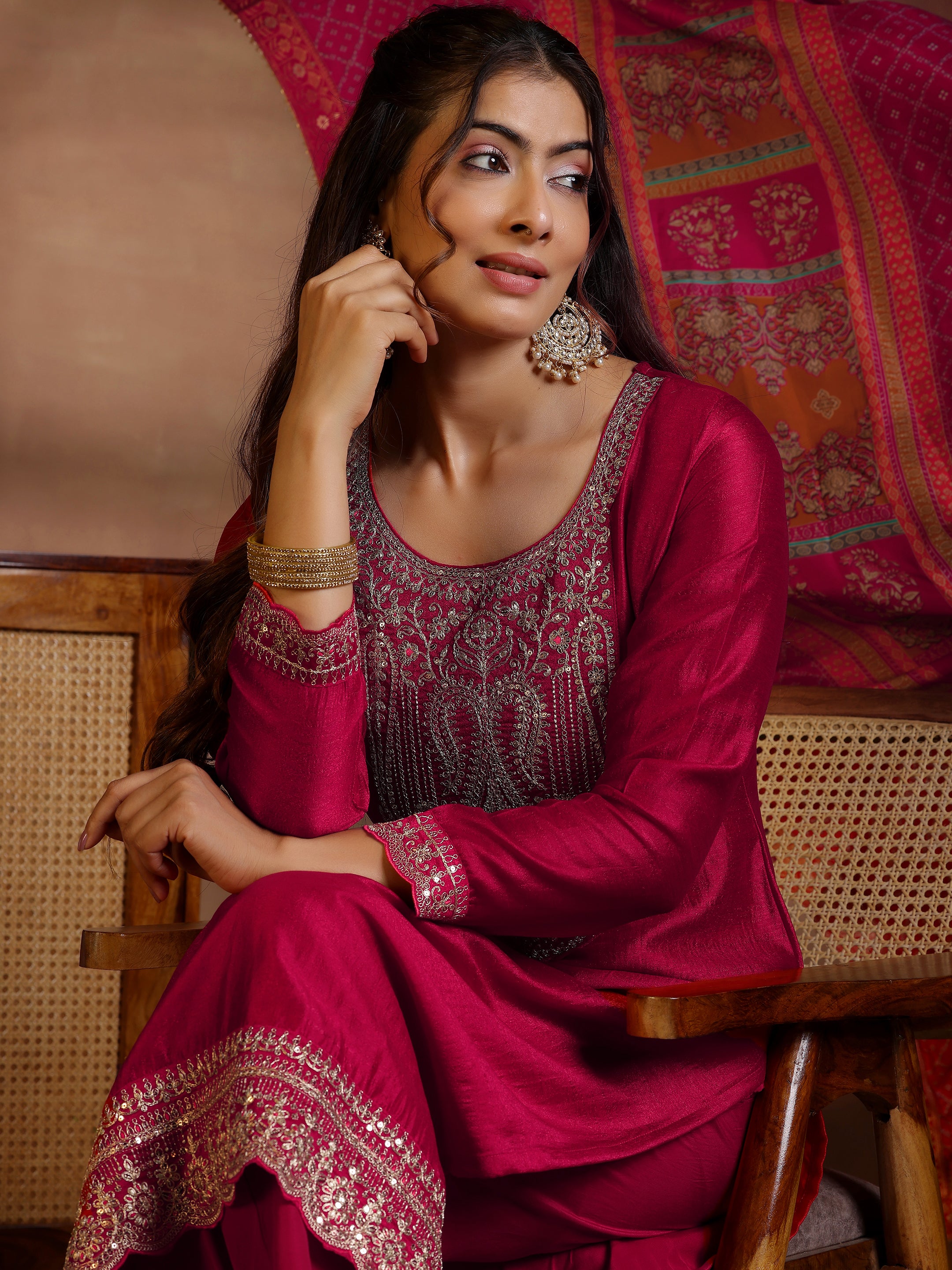 Red Embroidered Silk Blend Straight Suits With Dupatta