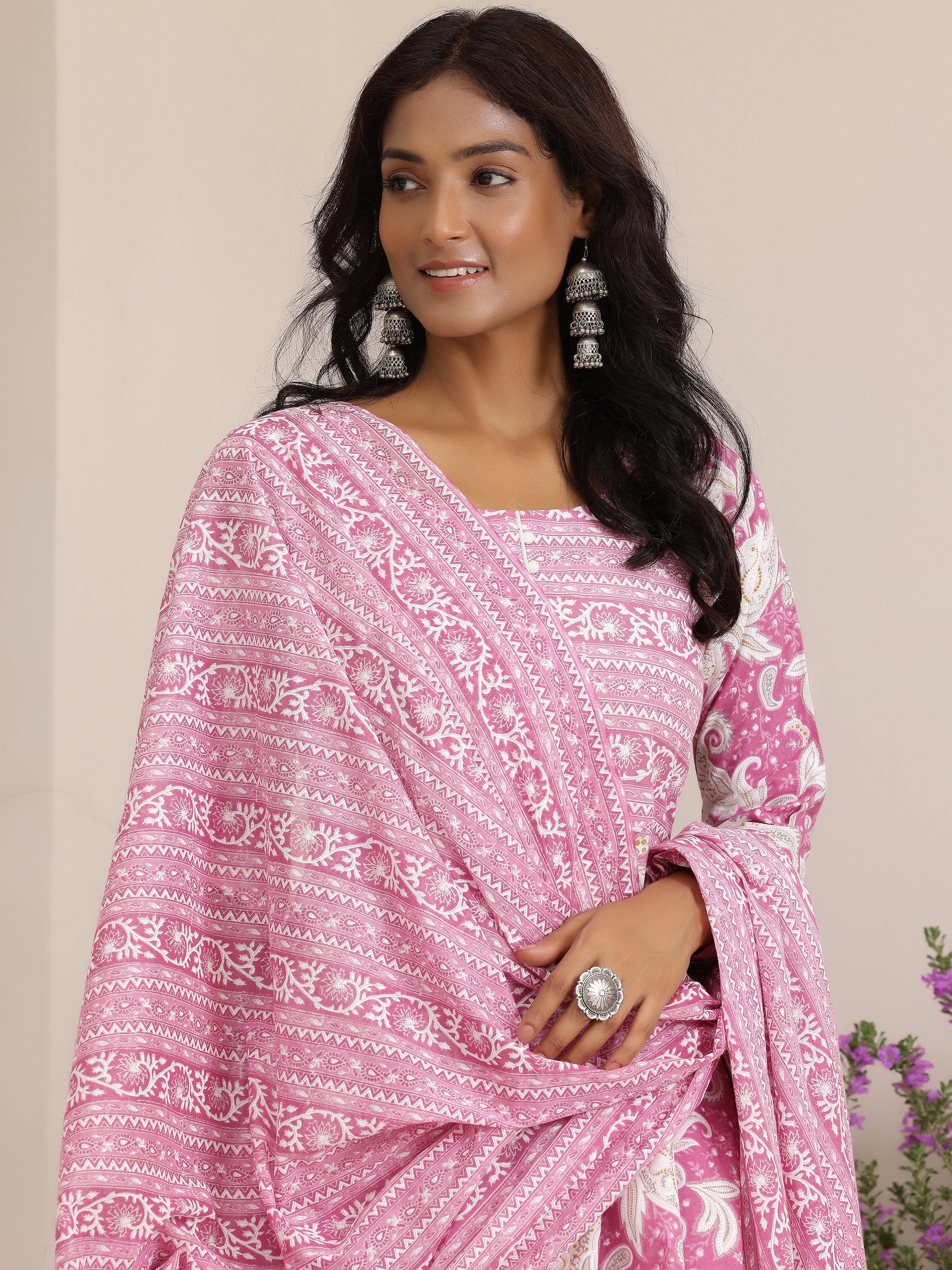 Pink Printed Cotton Anarkali Suit With Dupatta