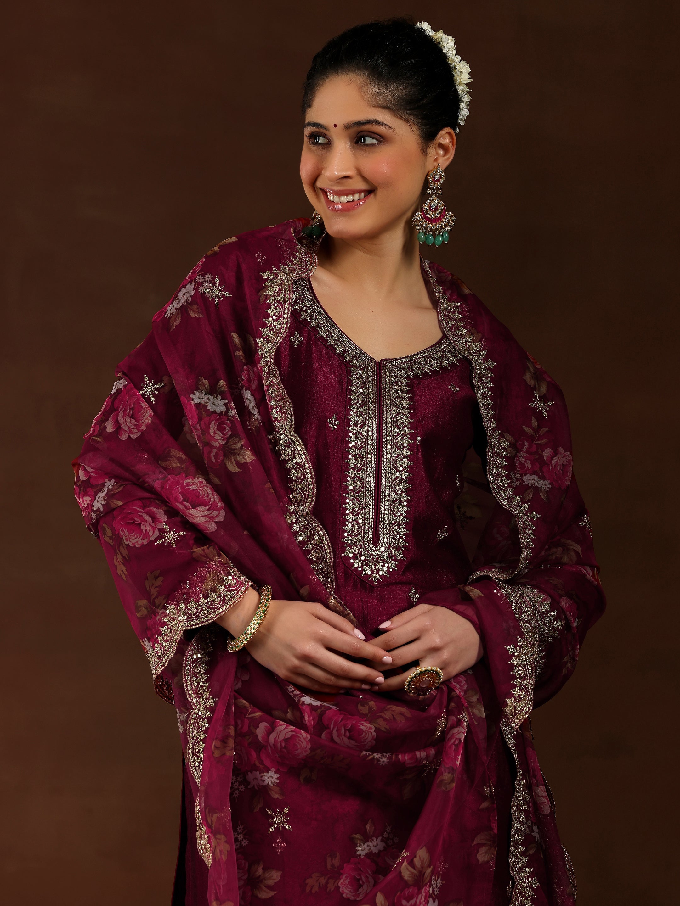 Maroon Embroidered Silk Blend Straight Suit With Dupatta