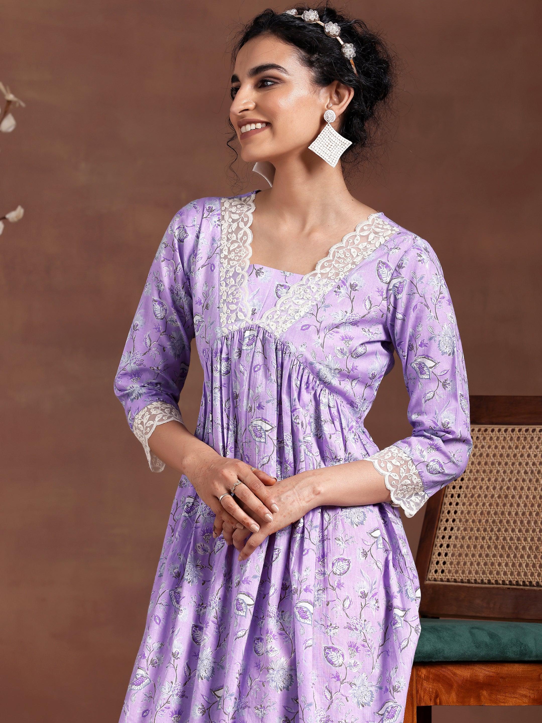 Lavender Printed Cotton Fit and Flare Dress