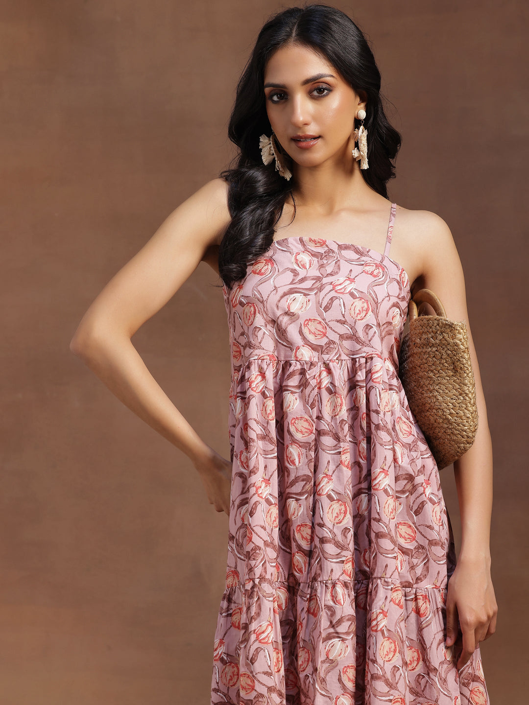 Peach Printed Cotton Fit and Flare Dress