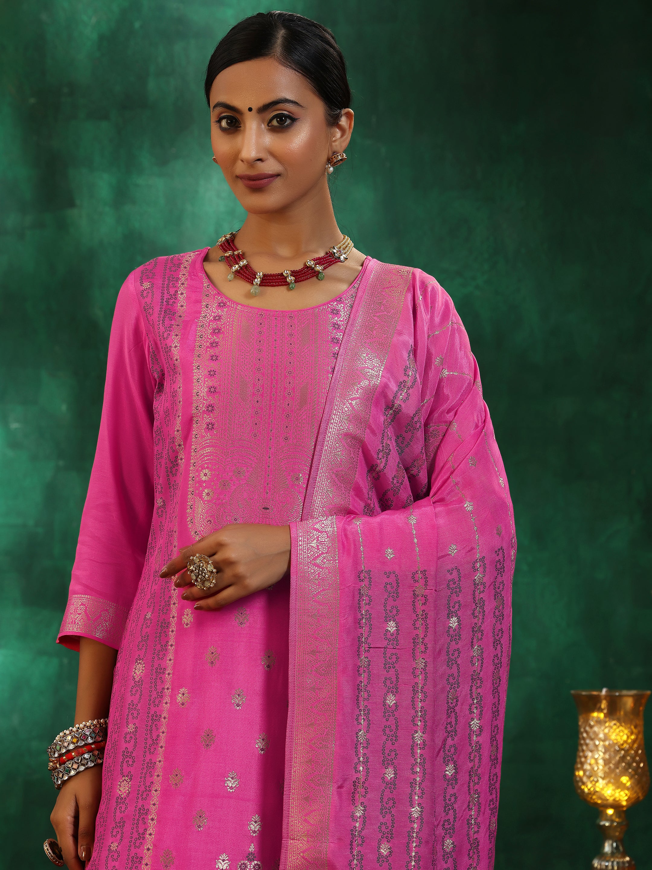 Pink Woven Design Silk Blend Straight Suit With Dupatta