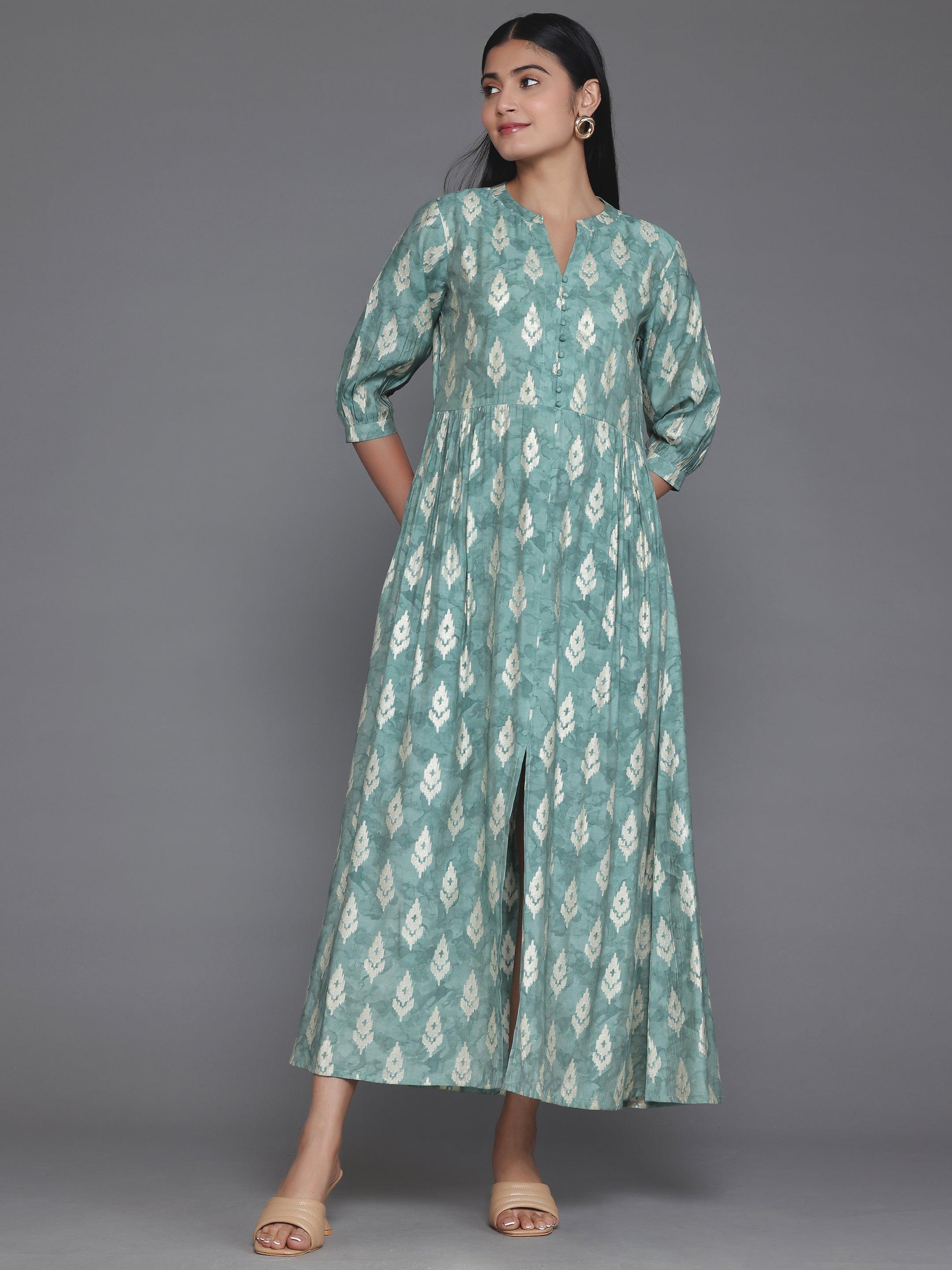 Green Printed Silk Fit and Flare Dress