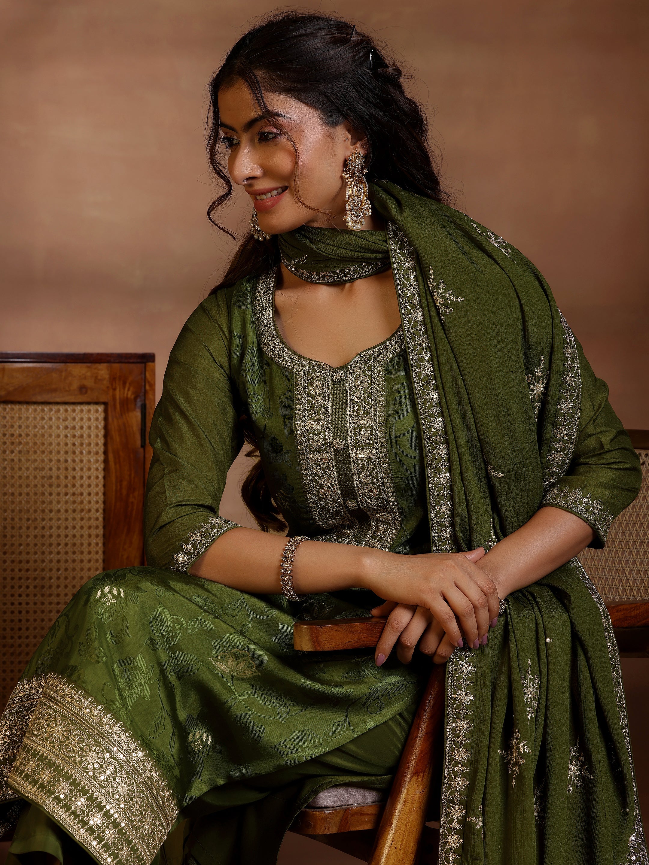 Olive Woven Design Silk Blend Straight Suit With Dupatta