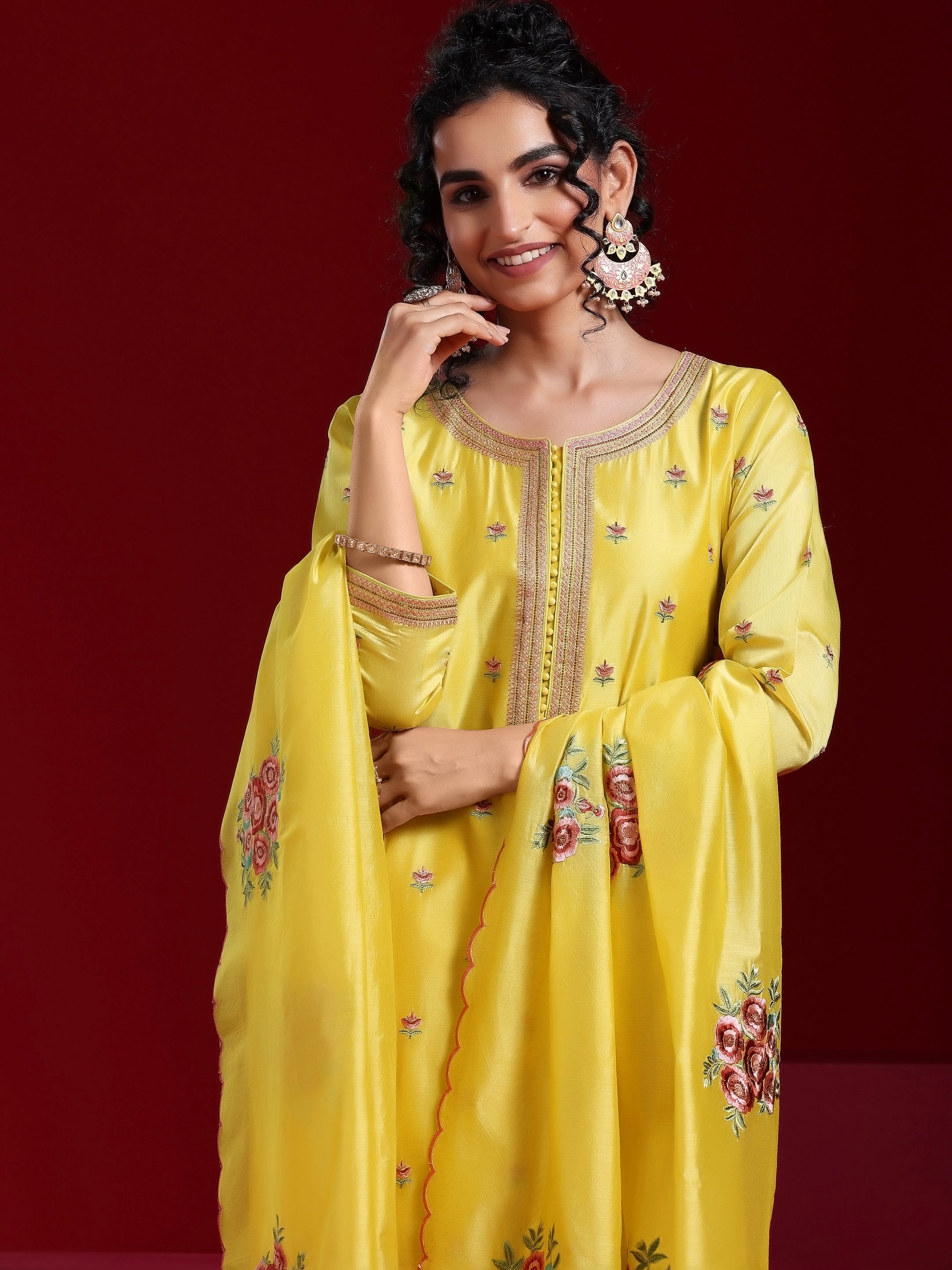 Libas Art Yellow Embroidered Chanderi Silk Straight Suit With Dupatta