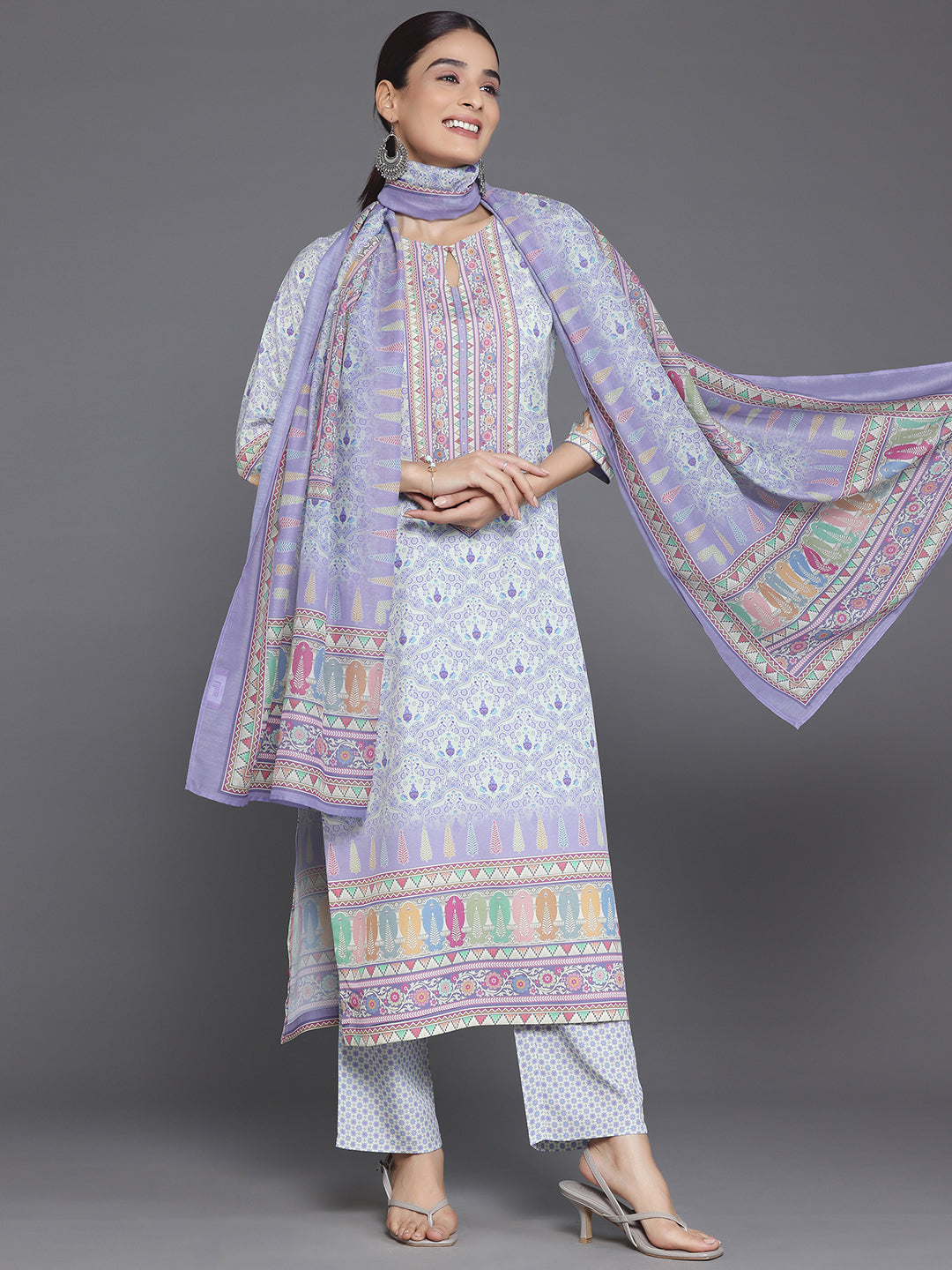 Purple Printed Poly Crepe Straight Suit With Dupatta