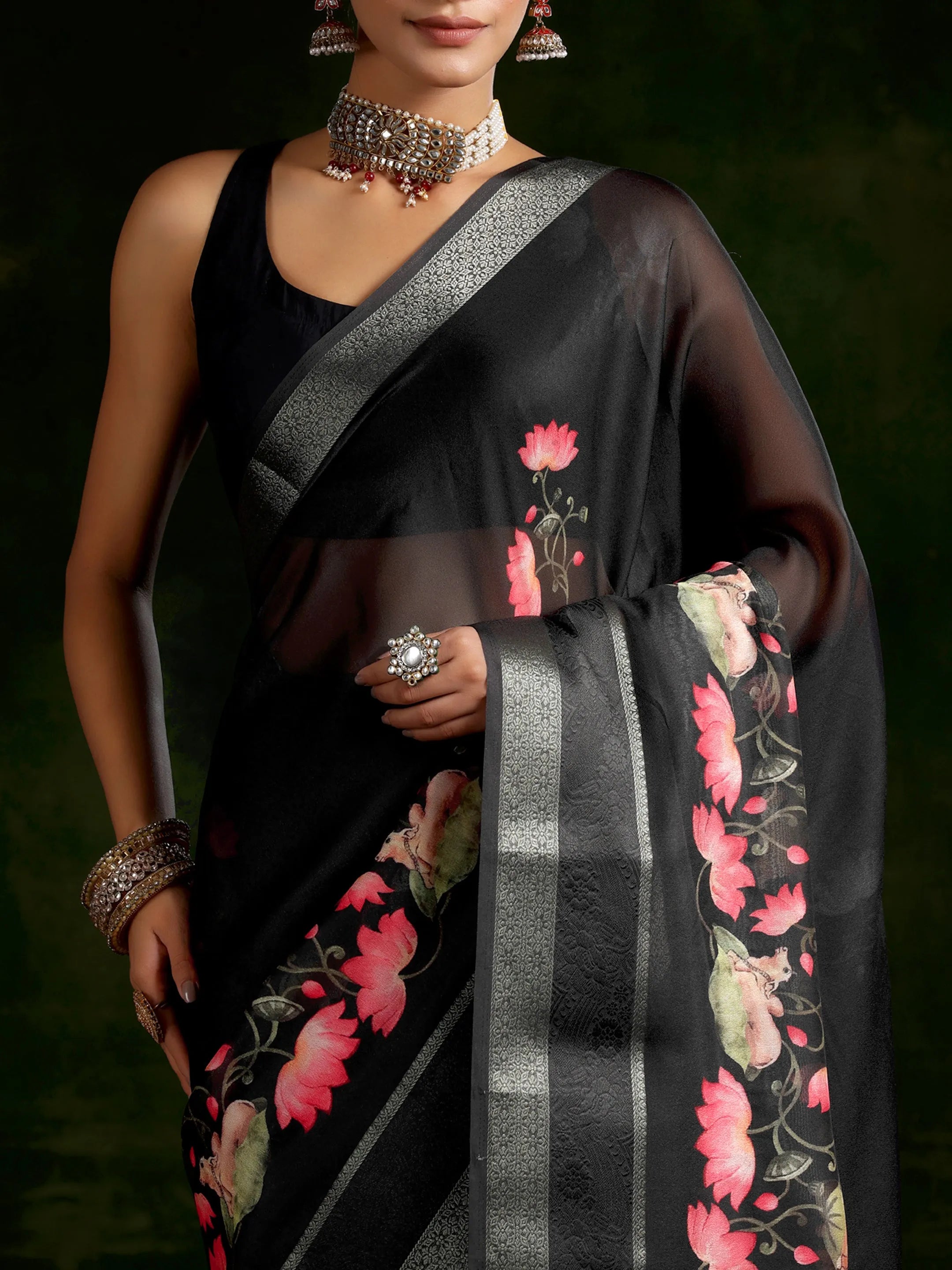 Black Printed Silk Blend Saree With Unstitched Blouse Piece