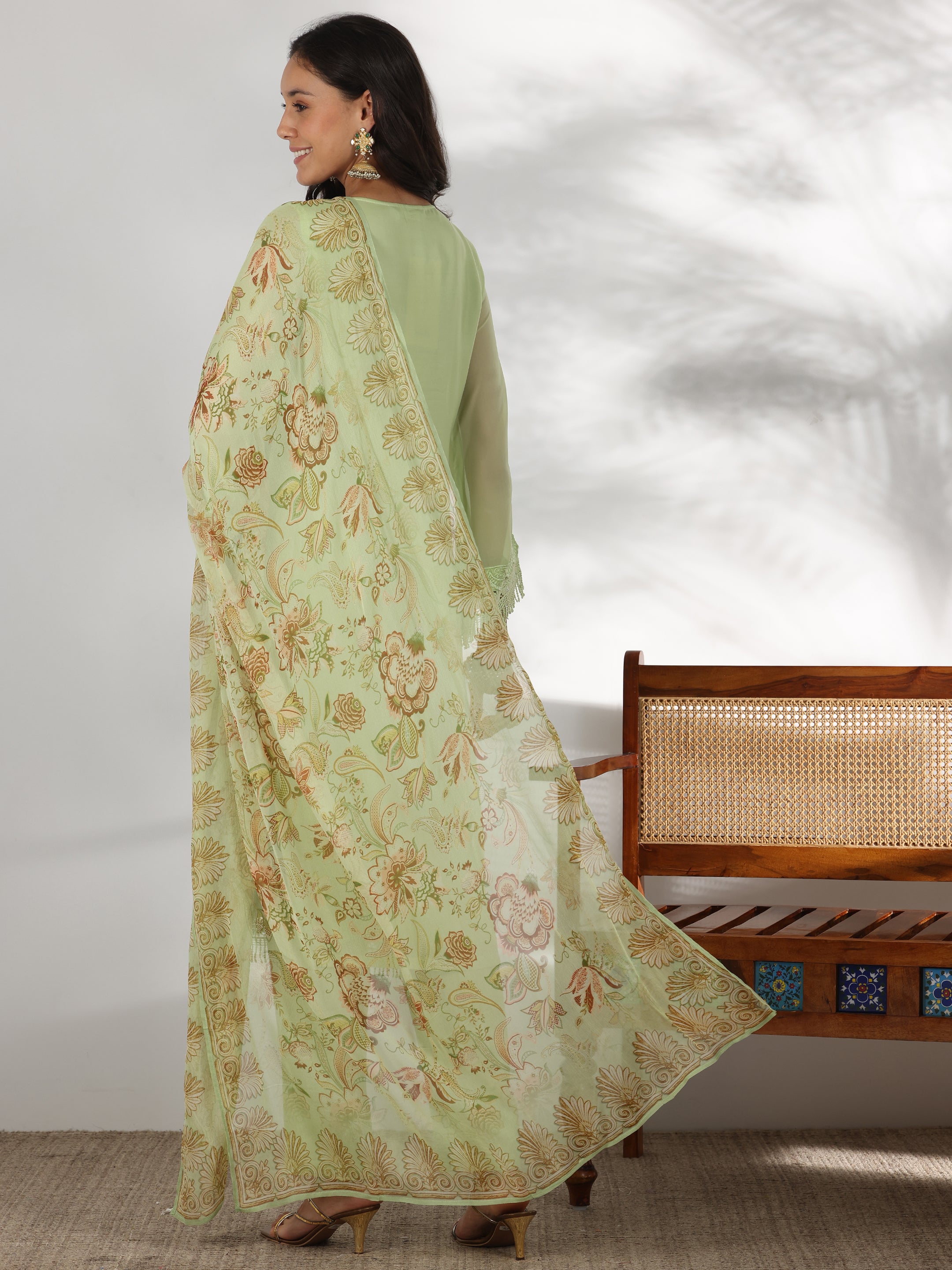 Green Embroidered Organza Straight Suit With Dupatta