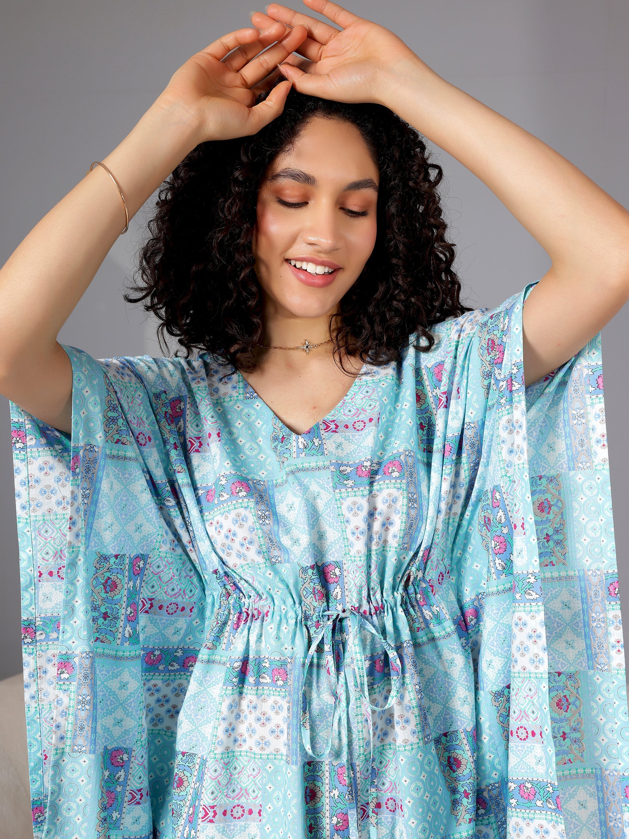 Blue Printed Cotton Kaftan Night Dress