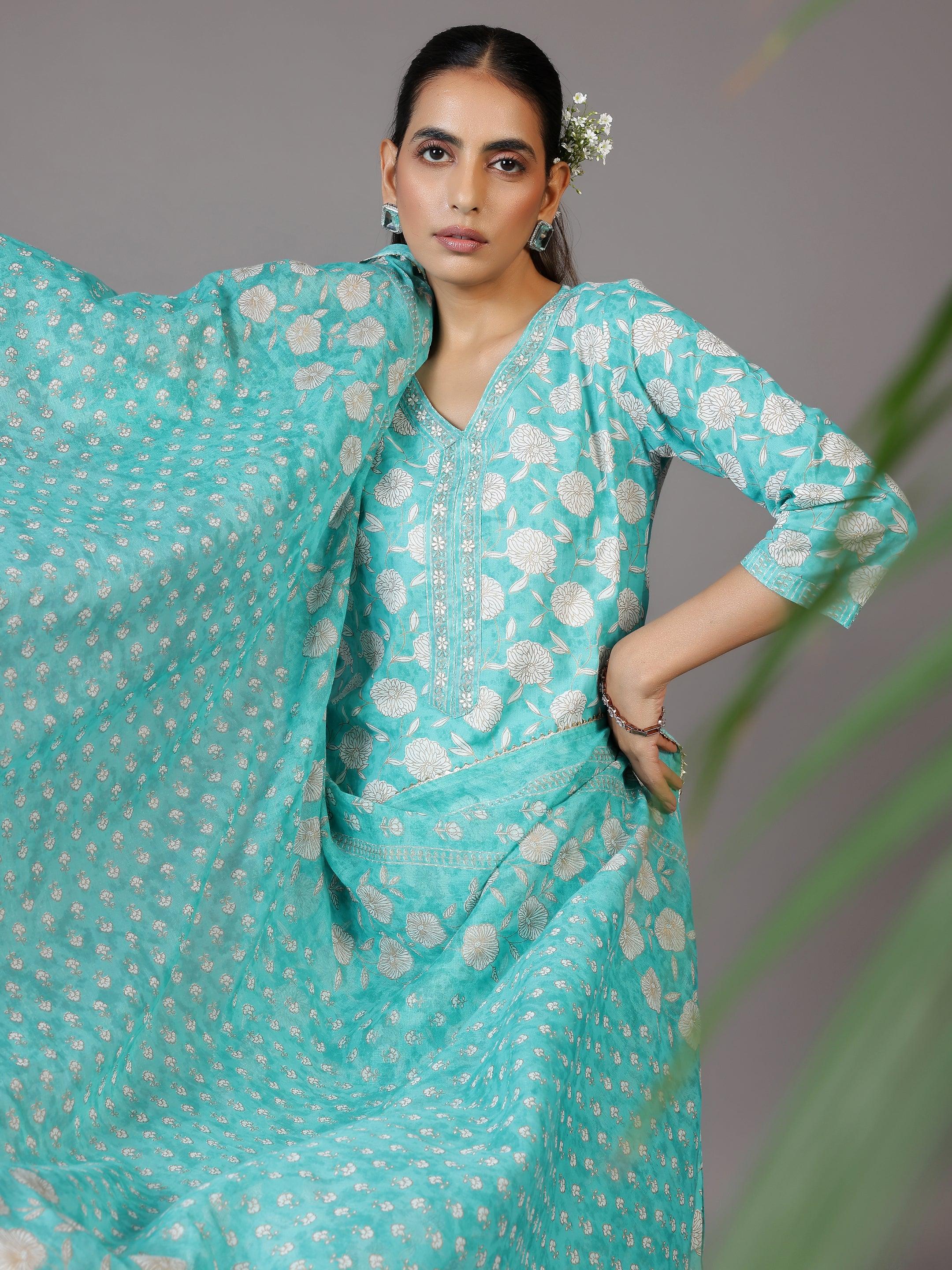 Turquoise Printed Cotton Straight Suit With Dupatta