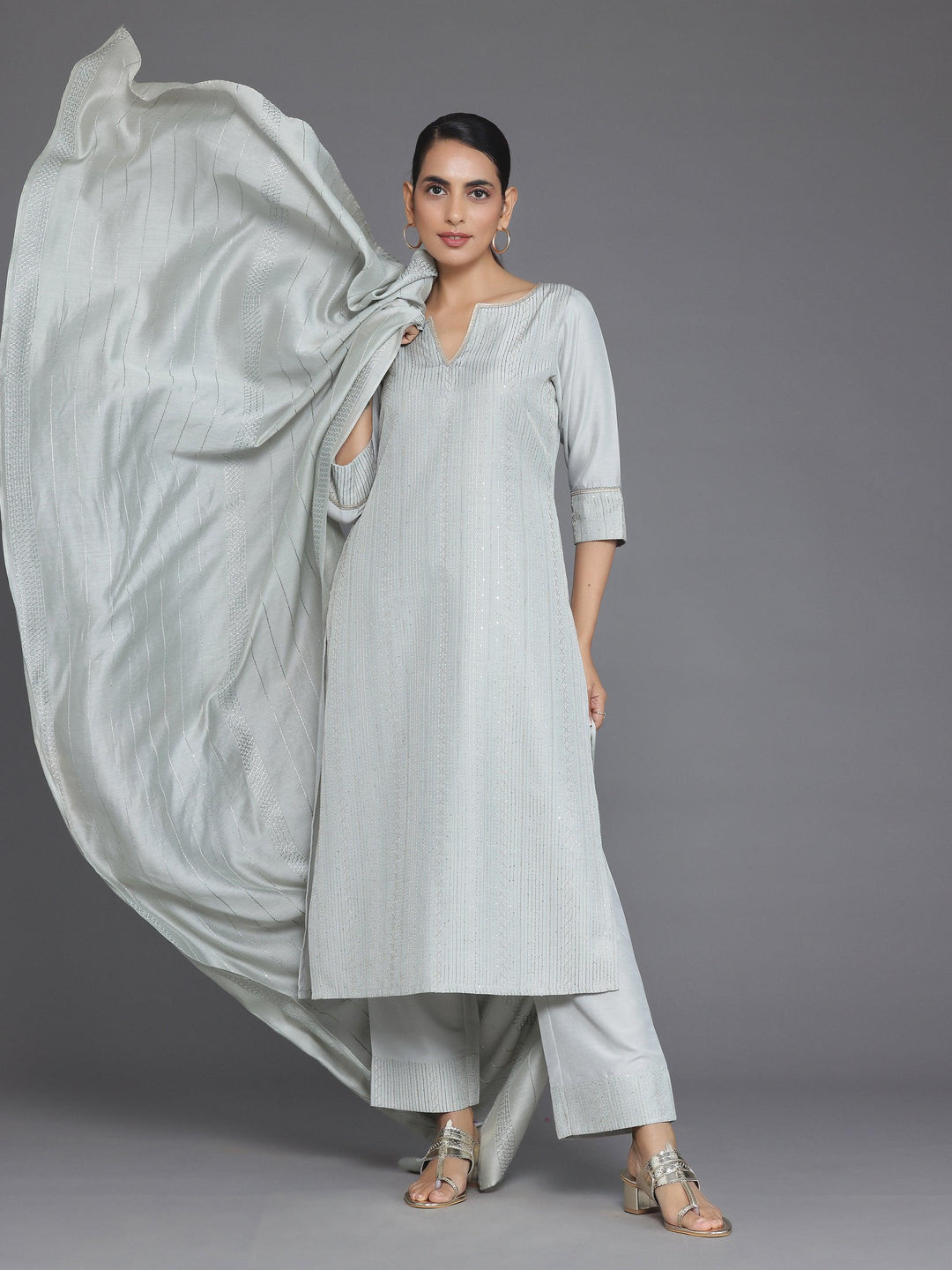 Grey Self Design Silk Blend Straight Suit With Dupatta