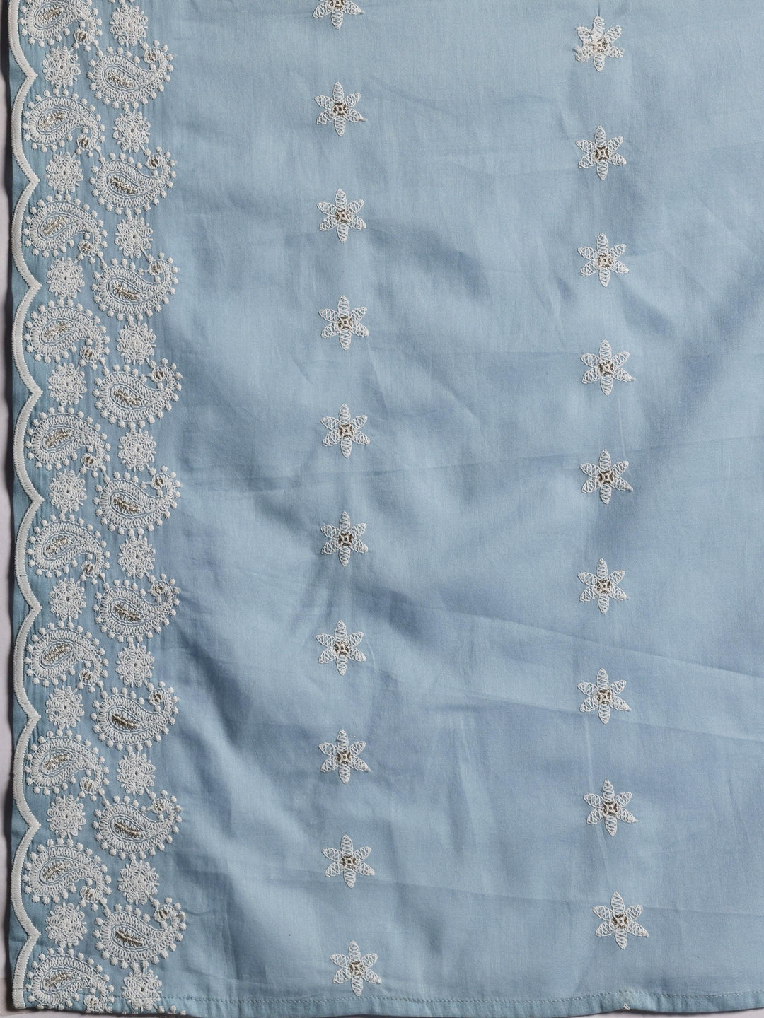 Blue Embroidered Cotton A-Line Kurta With Palazzos & Dupatta - ShopLibas