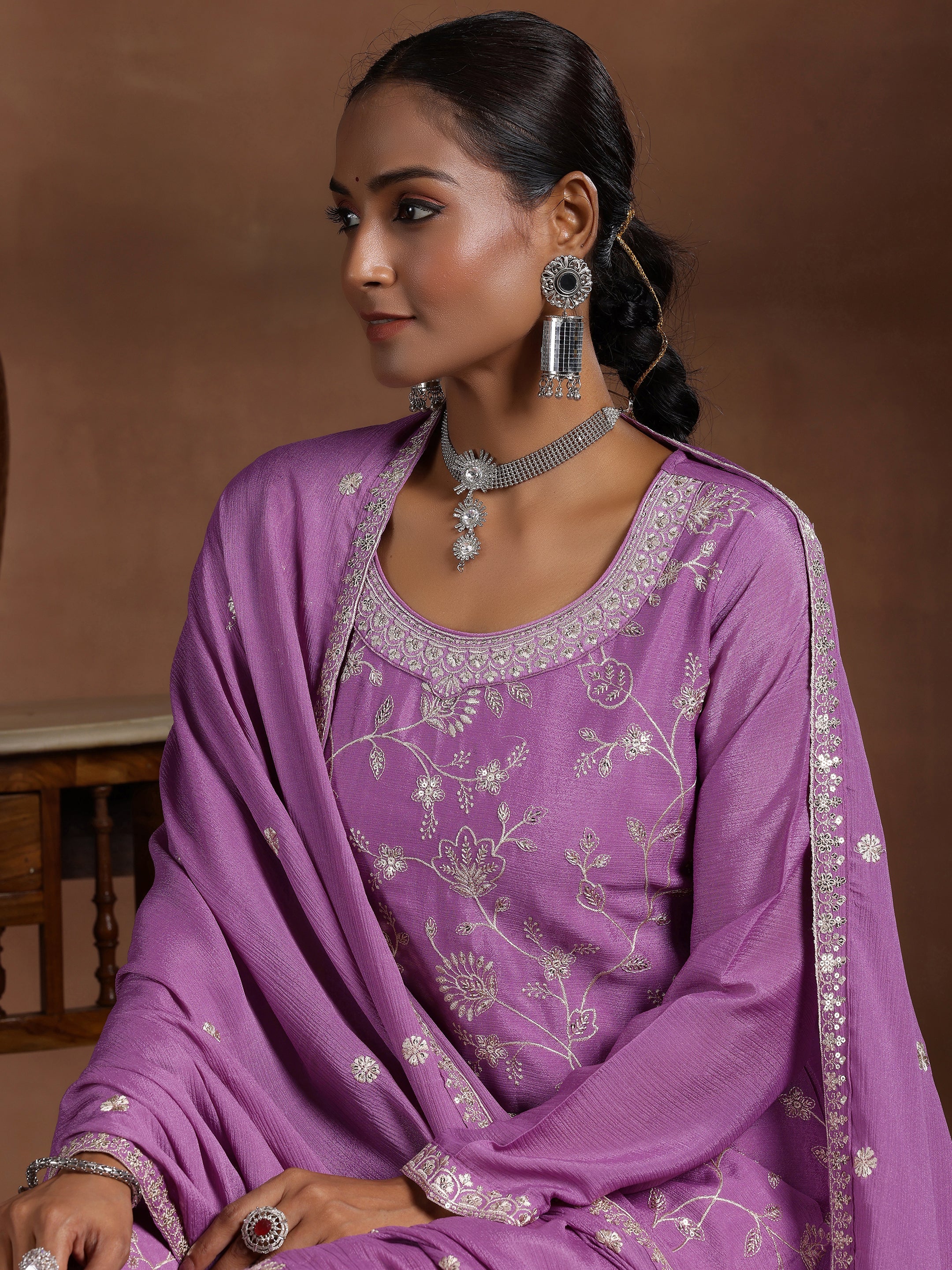 Lavender Embroidered Silk Blend Straight Suit With Dupatta