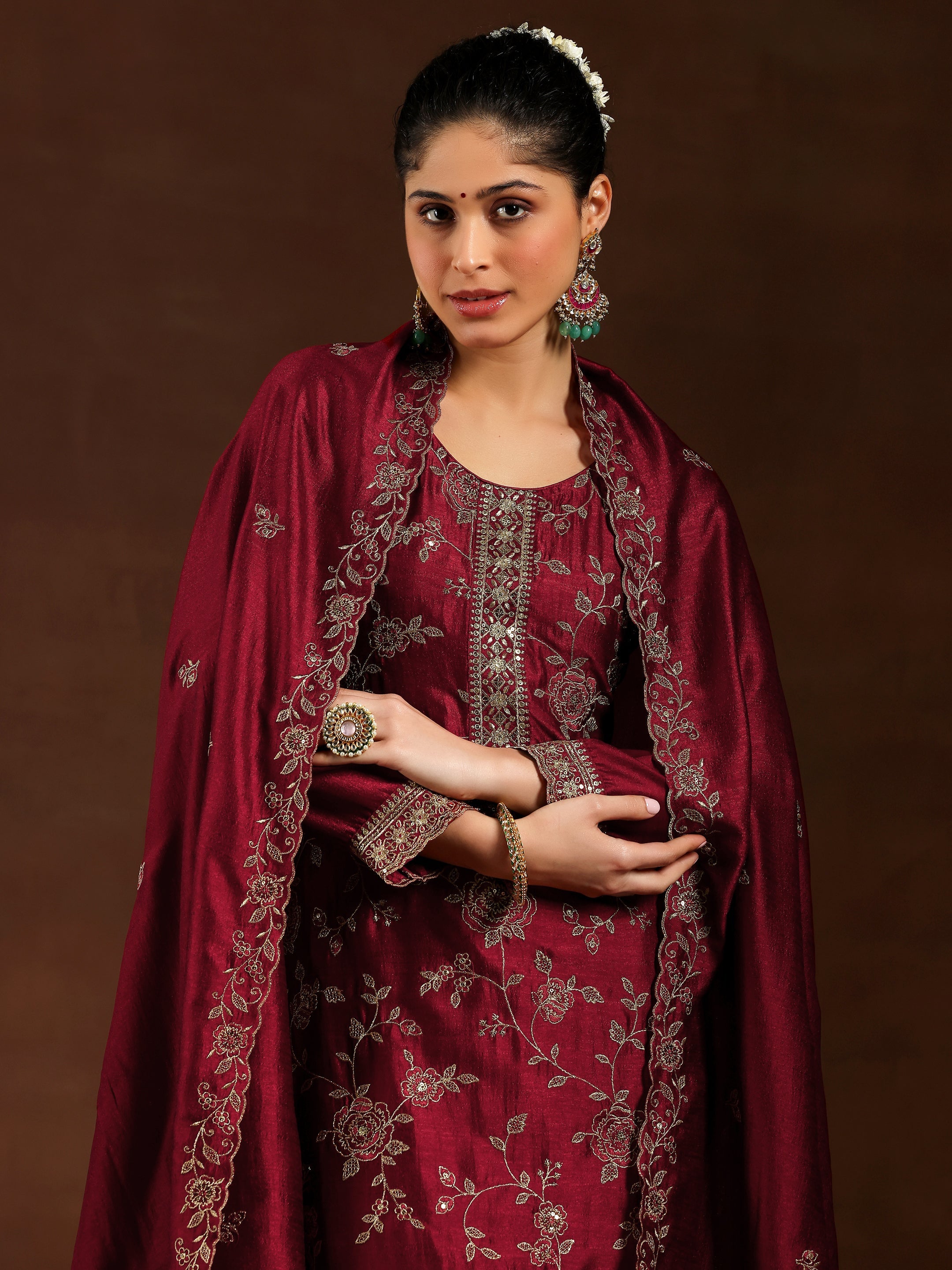 Maroon Embroidered Silk Blend Straight Suit With Dupatta