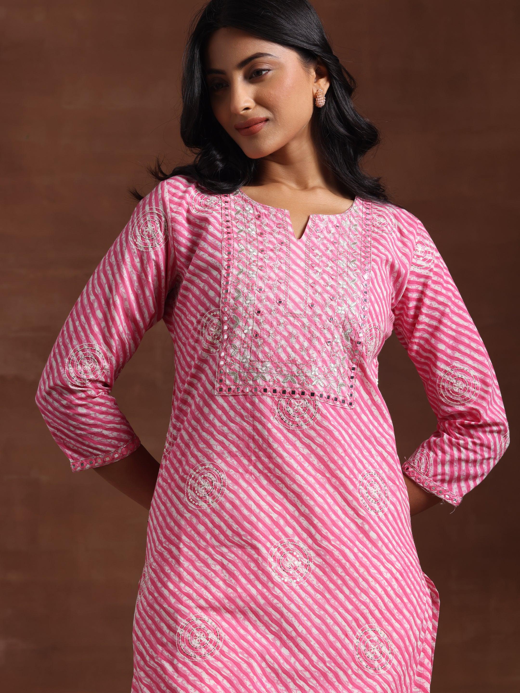 Pink Printed Cotton Straight Kurta Set