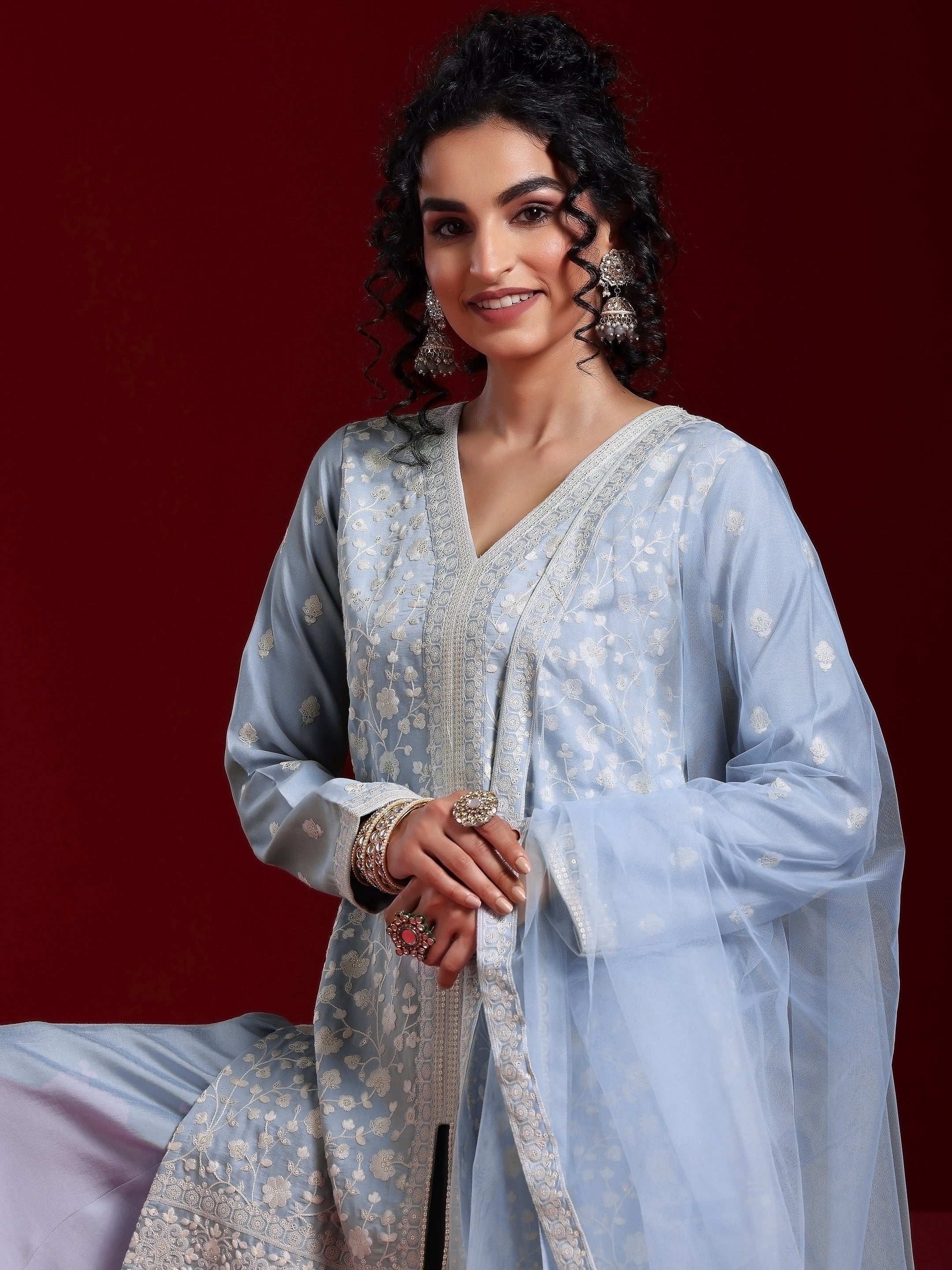 Libas Art Grey Embroidered Silk Blend Straight Suit With Dupatta