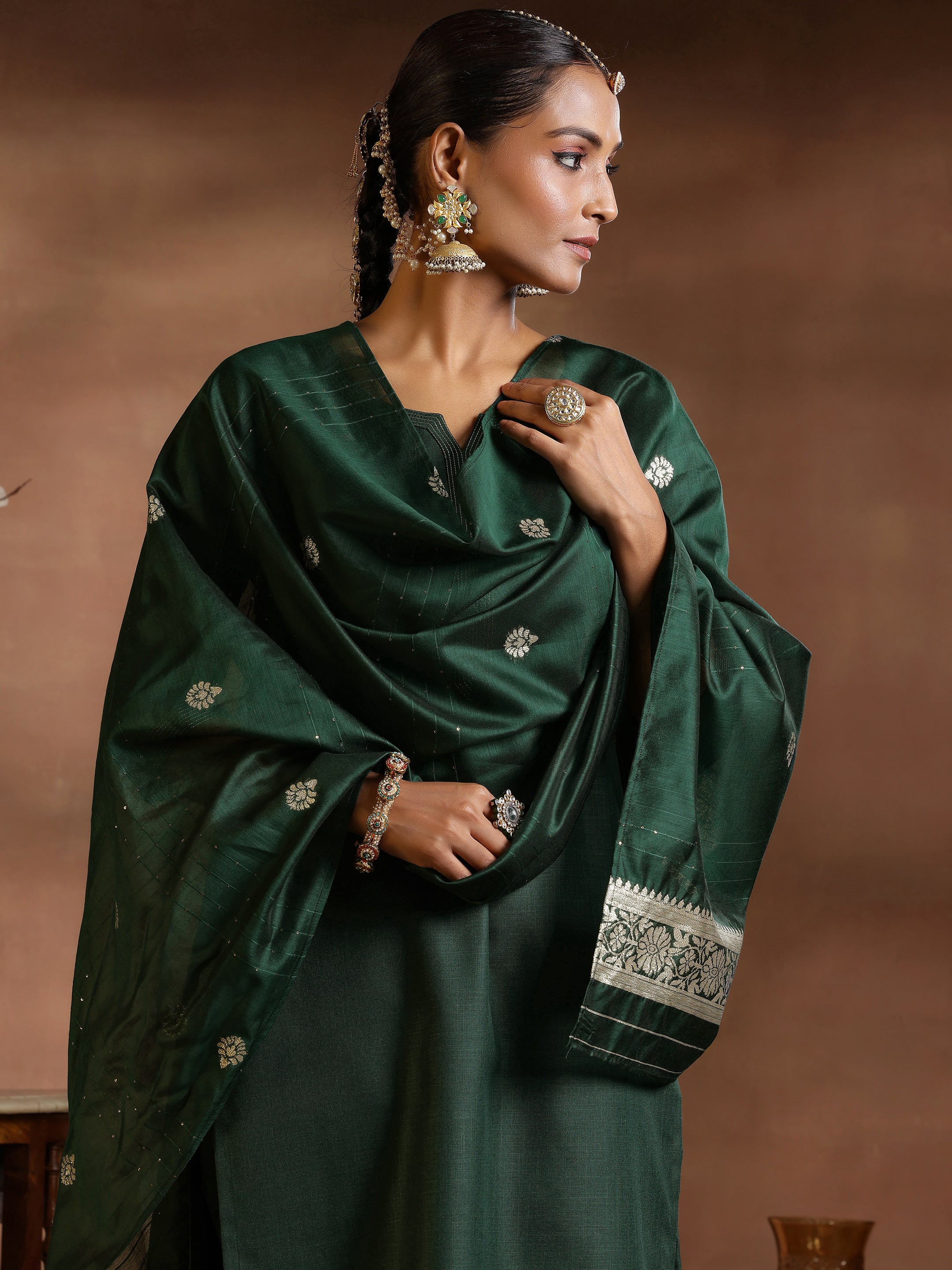 Green Solid Silk Blend Straight Suit With Dupatta