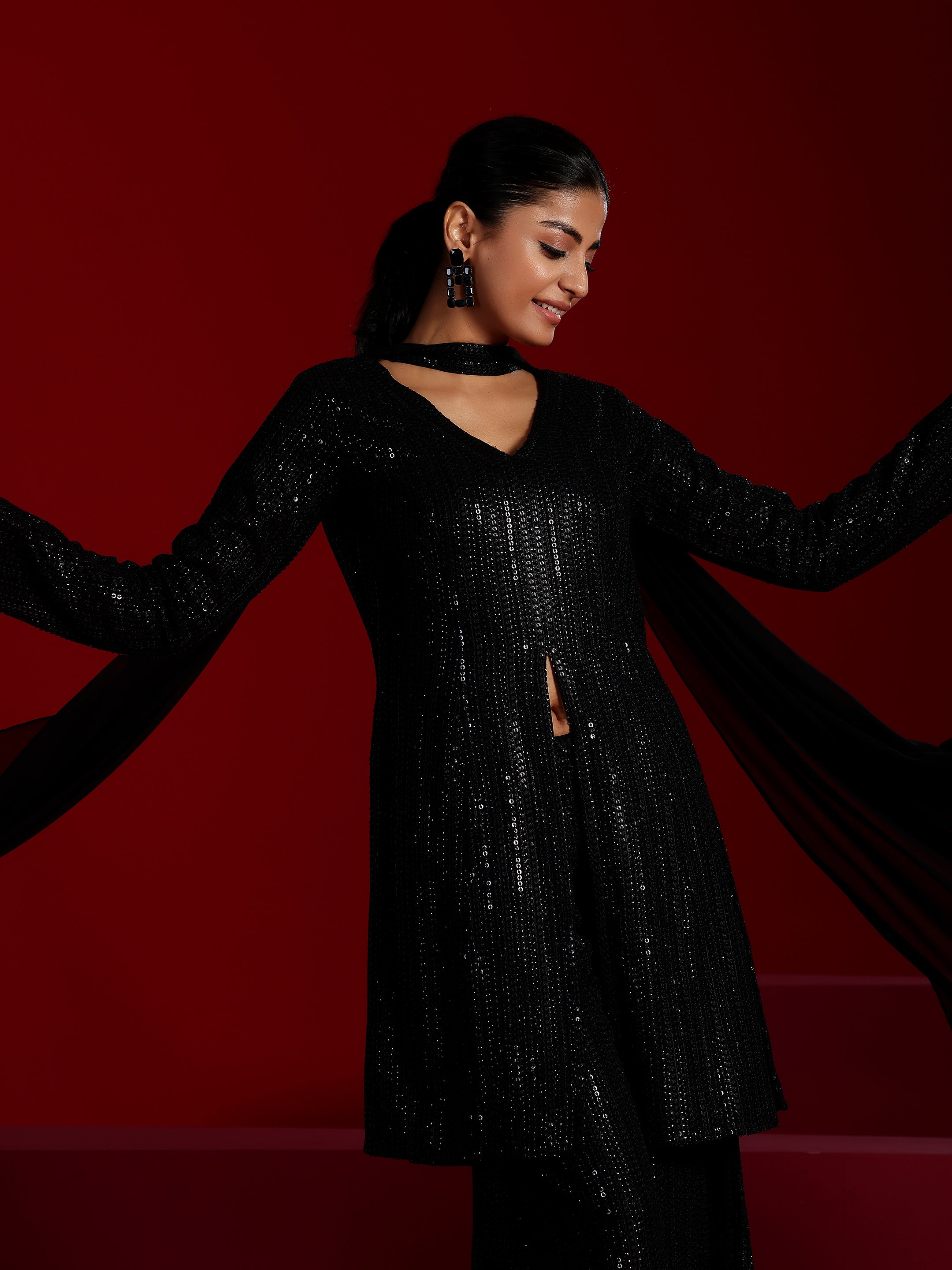 Libas Art Black Embroidered Georgette A-Line Kurta With Palazzos & Dupatta