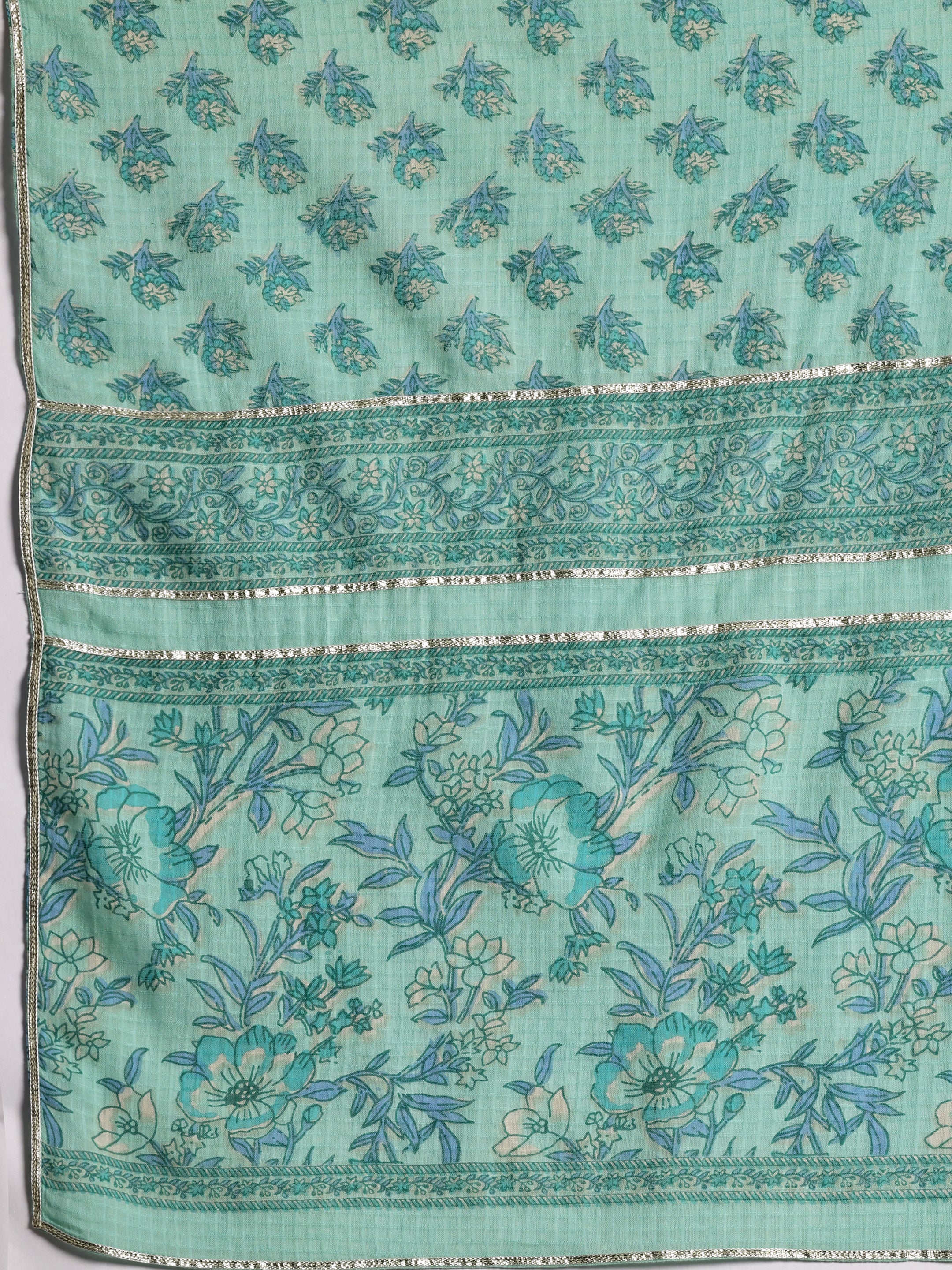 Turquoise Printed Cotton A-Line Kurta With Palazzos & Dupatta