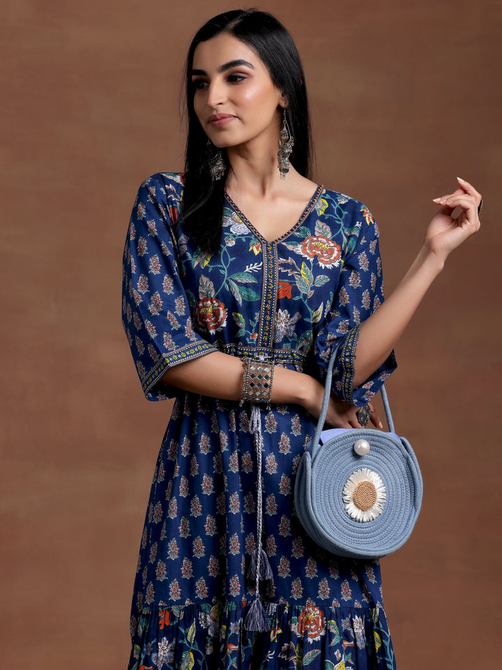 Blue Printed Cotton Fit and Flare Dress