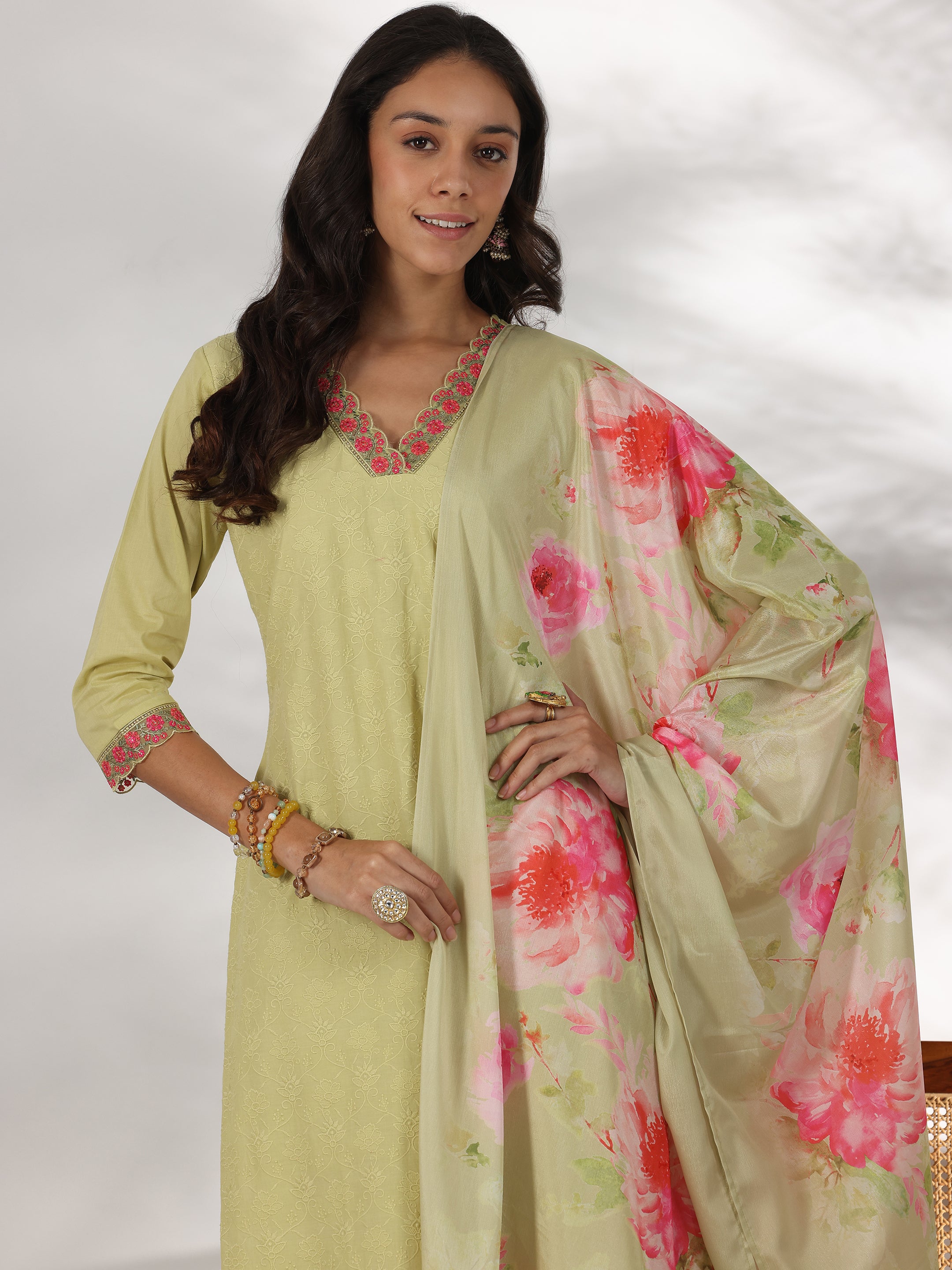 Green Embroidered Cotton Straight Suit With Dupatta