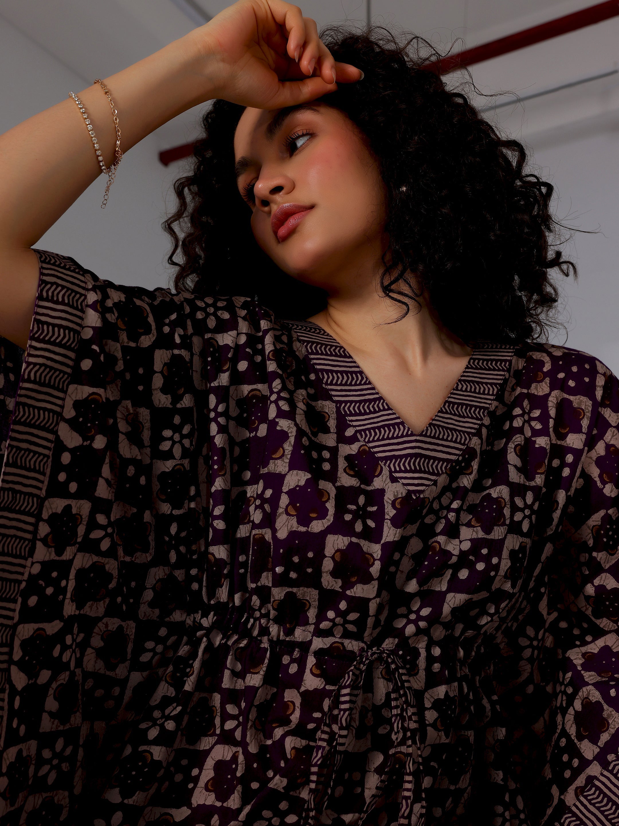 Purple Printed Cotton Kaftan Night Dress