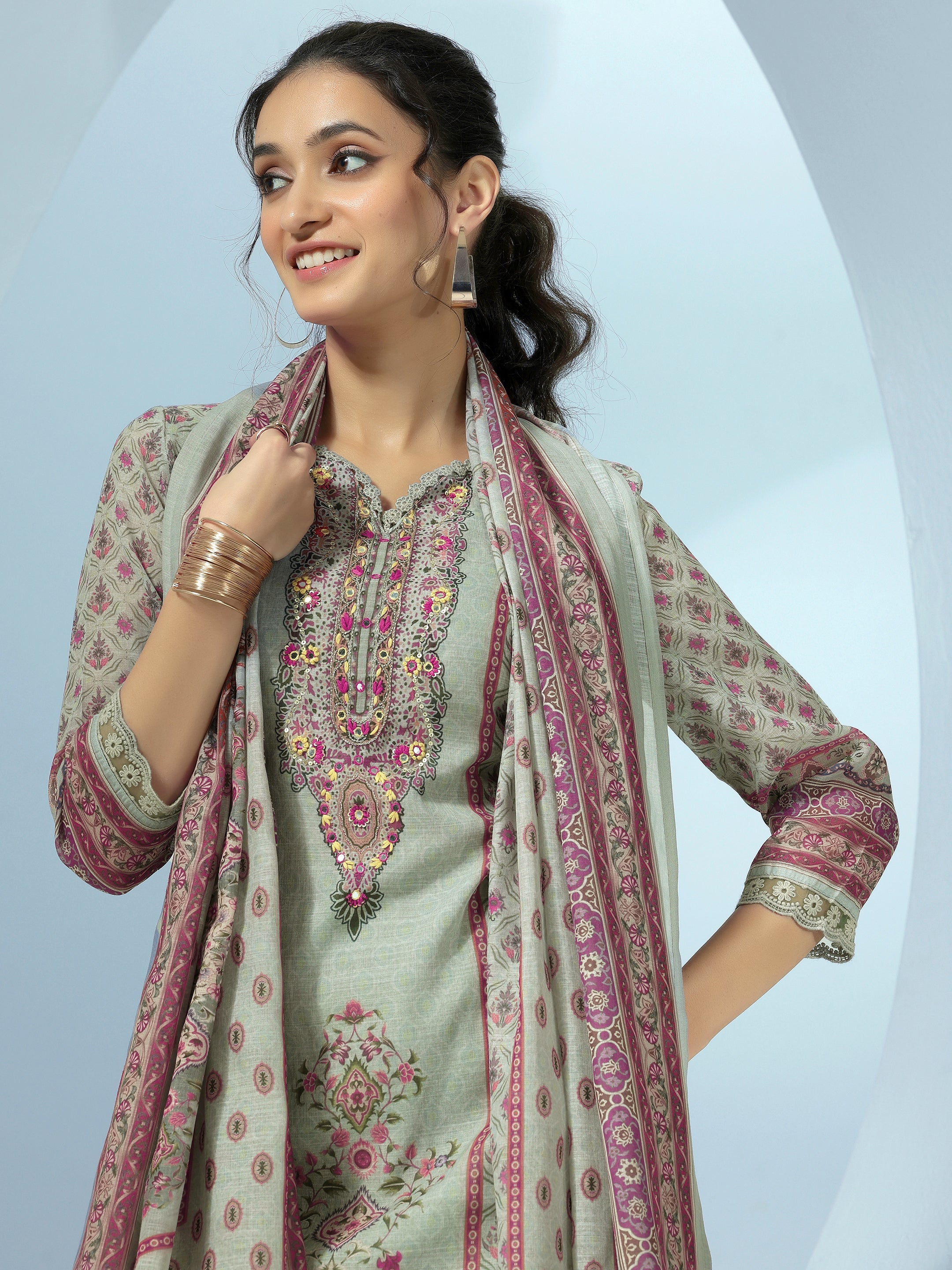 Grey Printed Linen Straight Suit With Dupatta