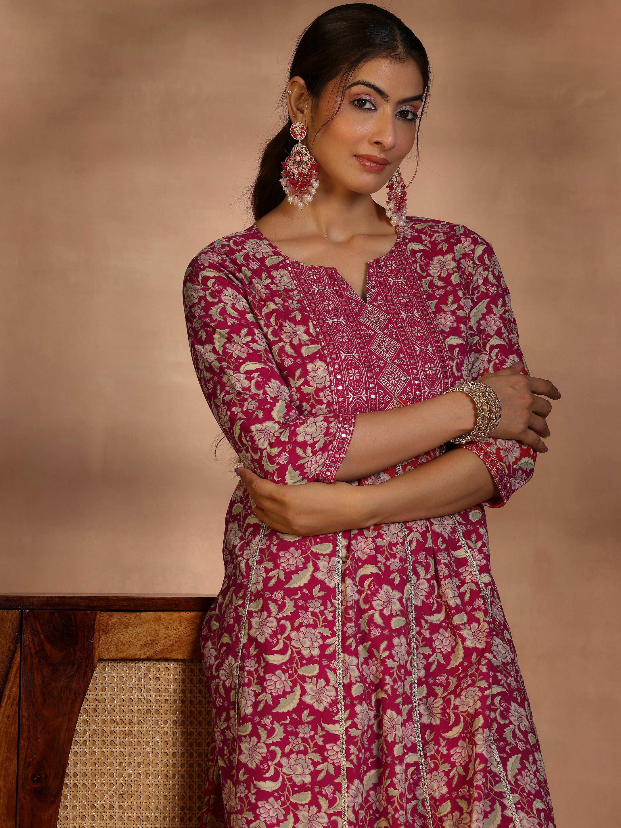 Pink Printed Cotton Anarkali Kurta Set