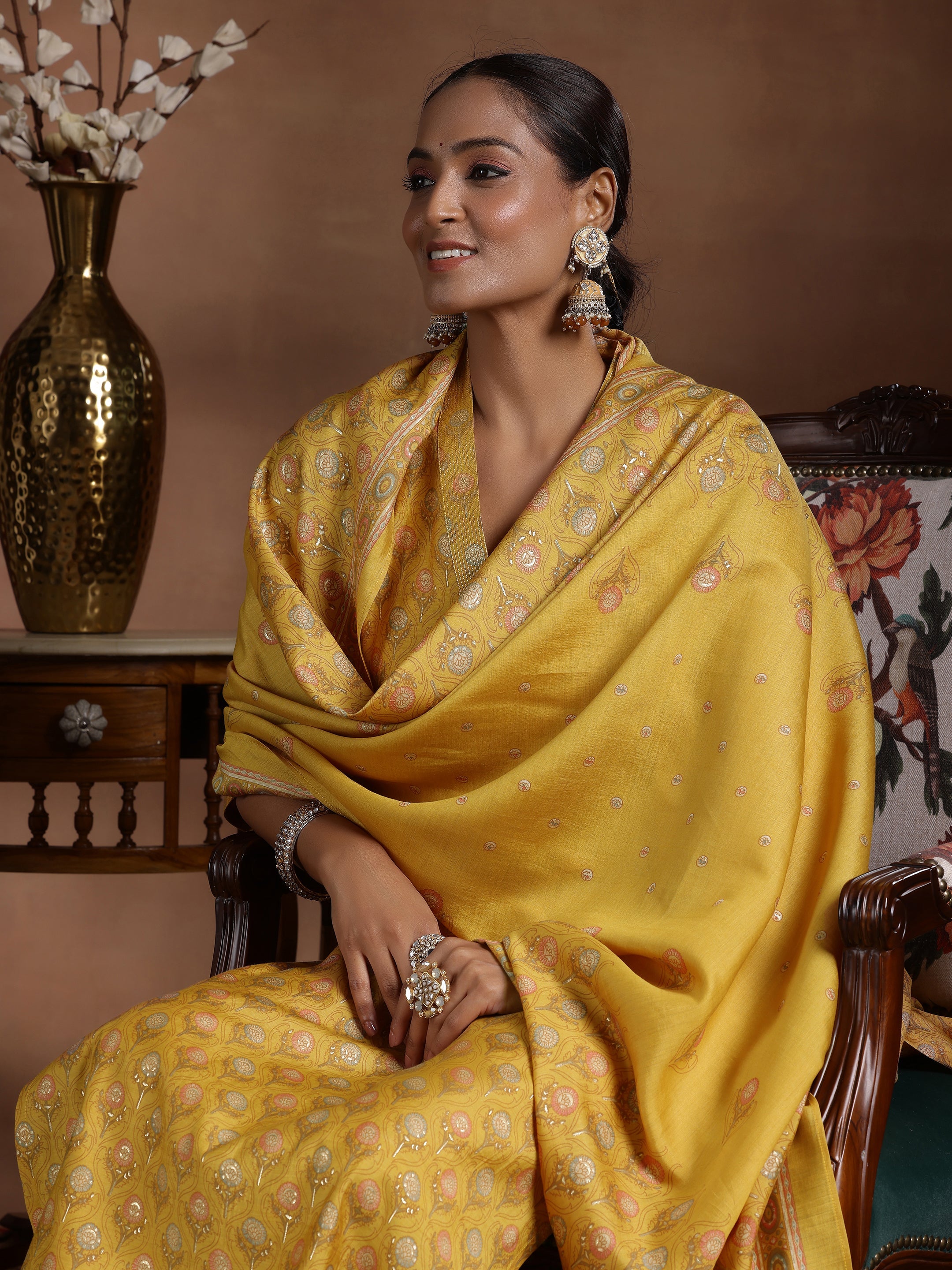 Mustard Printed Silk Blend Straight Suit With Dupatta