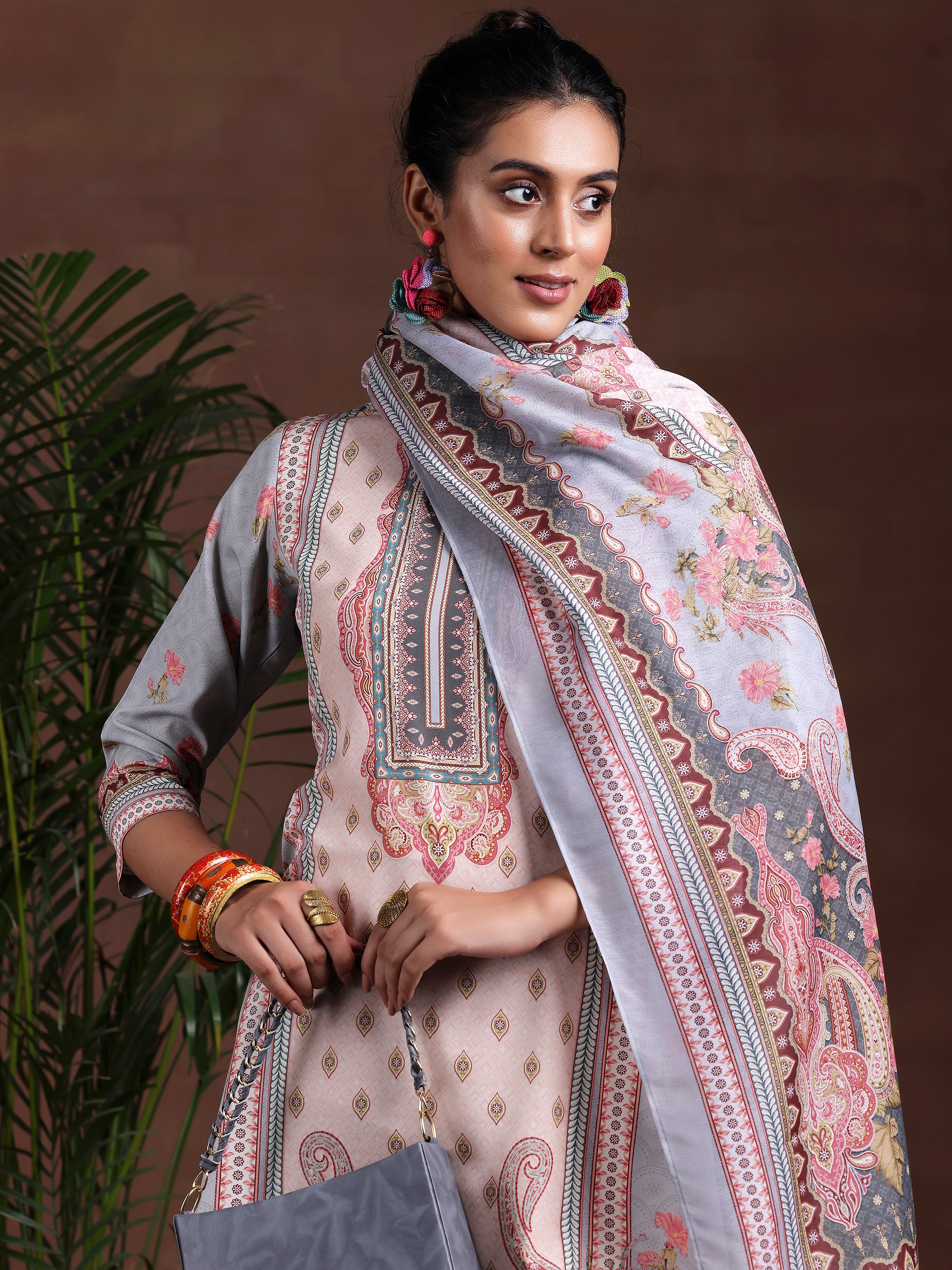 Grey Printed Poly Crepe Straight Suit With Dupatta