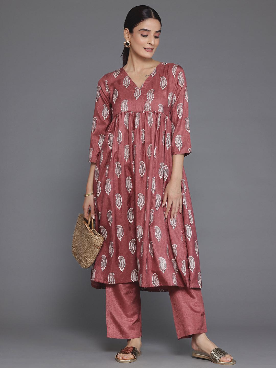 Mauve Printed Silk Blend A-Line Kurta With Trousers