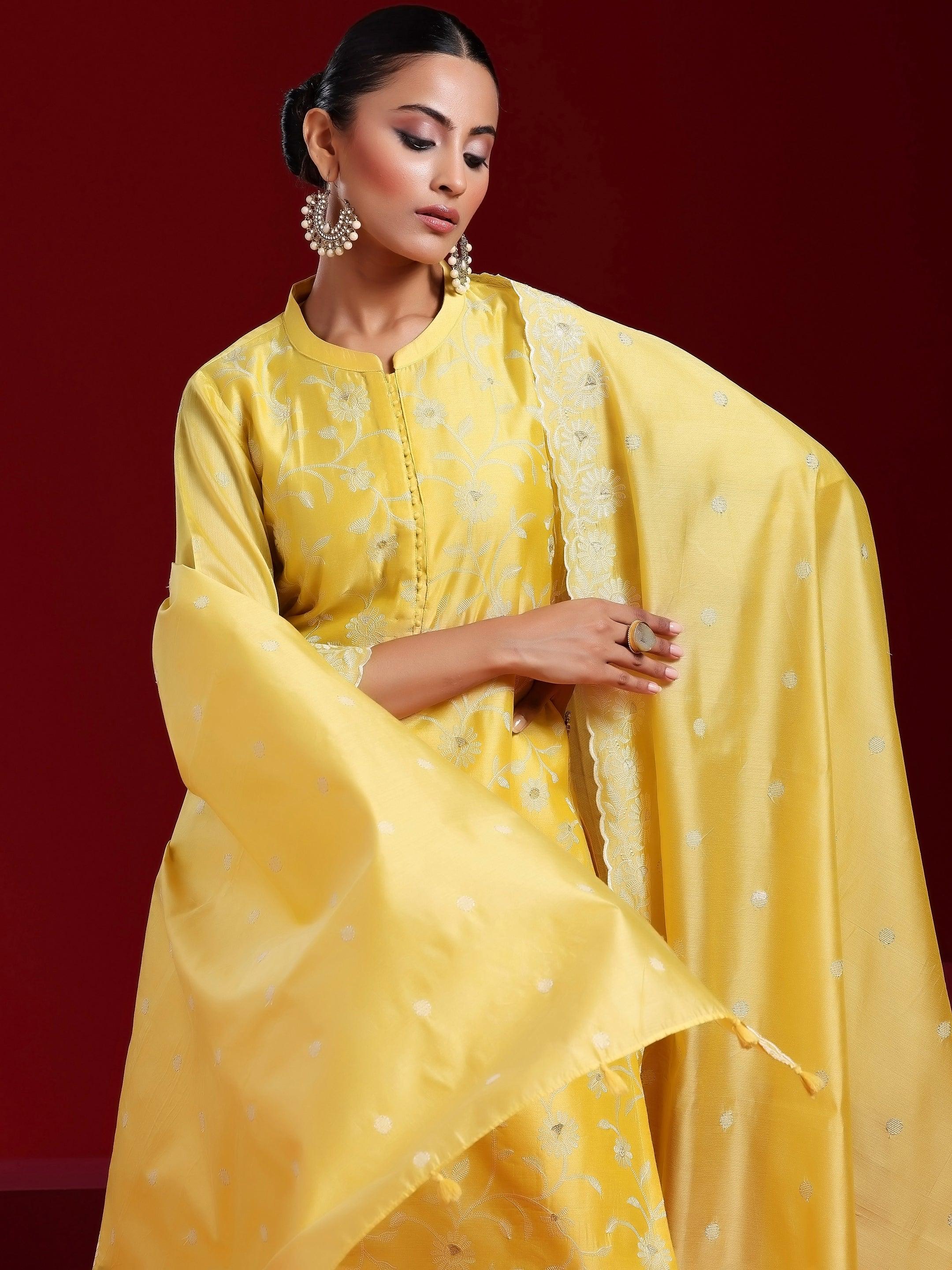 Libas Art Yellow Embroidered Chanderi Silk Straight Suit With Dupatta