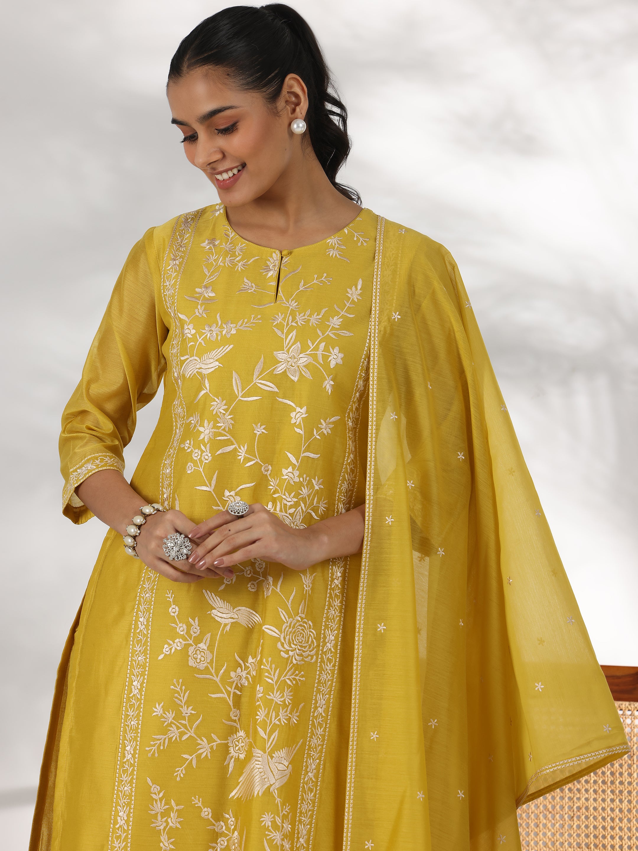 Mustard Embroidered Chanderi Silk Straight Suit With Dupatta