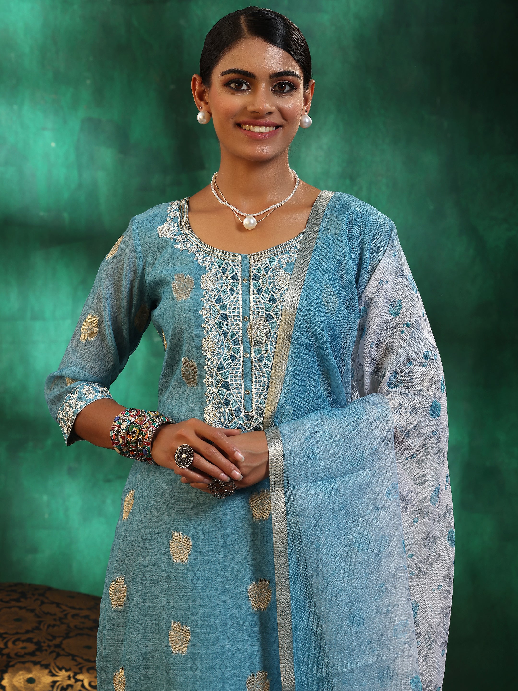 Turquoise Blue Printed Silk Blend Straight Suit With Dupatta