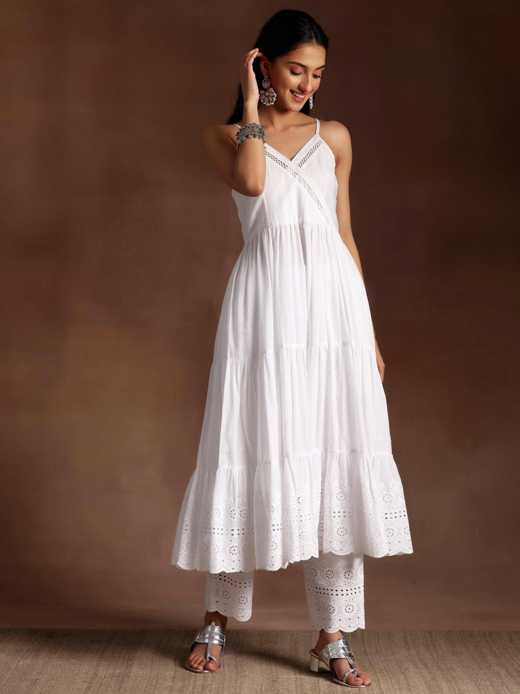 The Kiara Cut Suramya White Self Design Cotton A-Line Kurta With Trousers