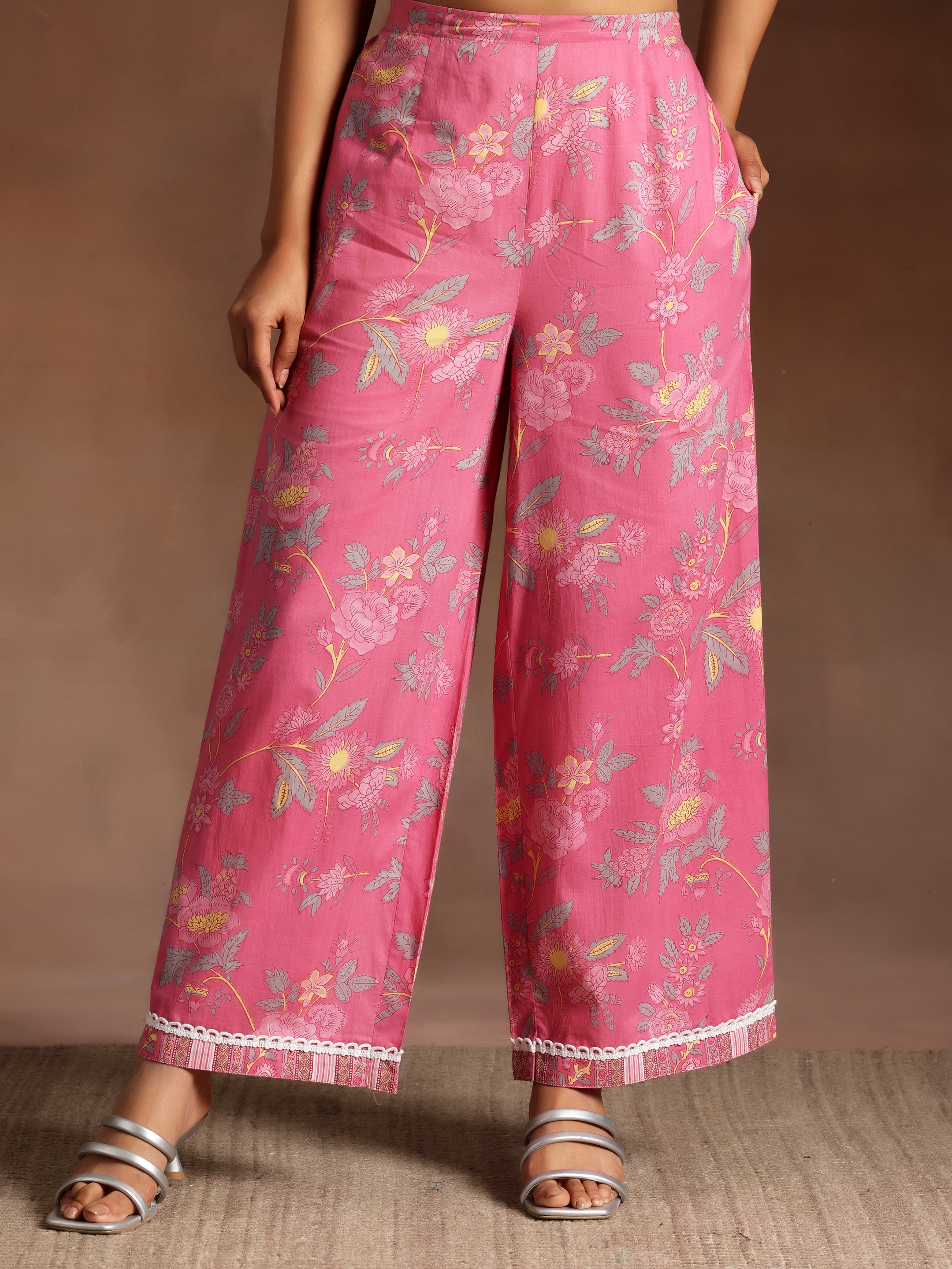 Saahiti Pink Printed Cotton A-Line Kurta With Palazzos